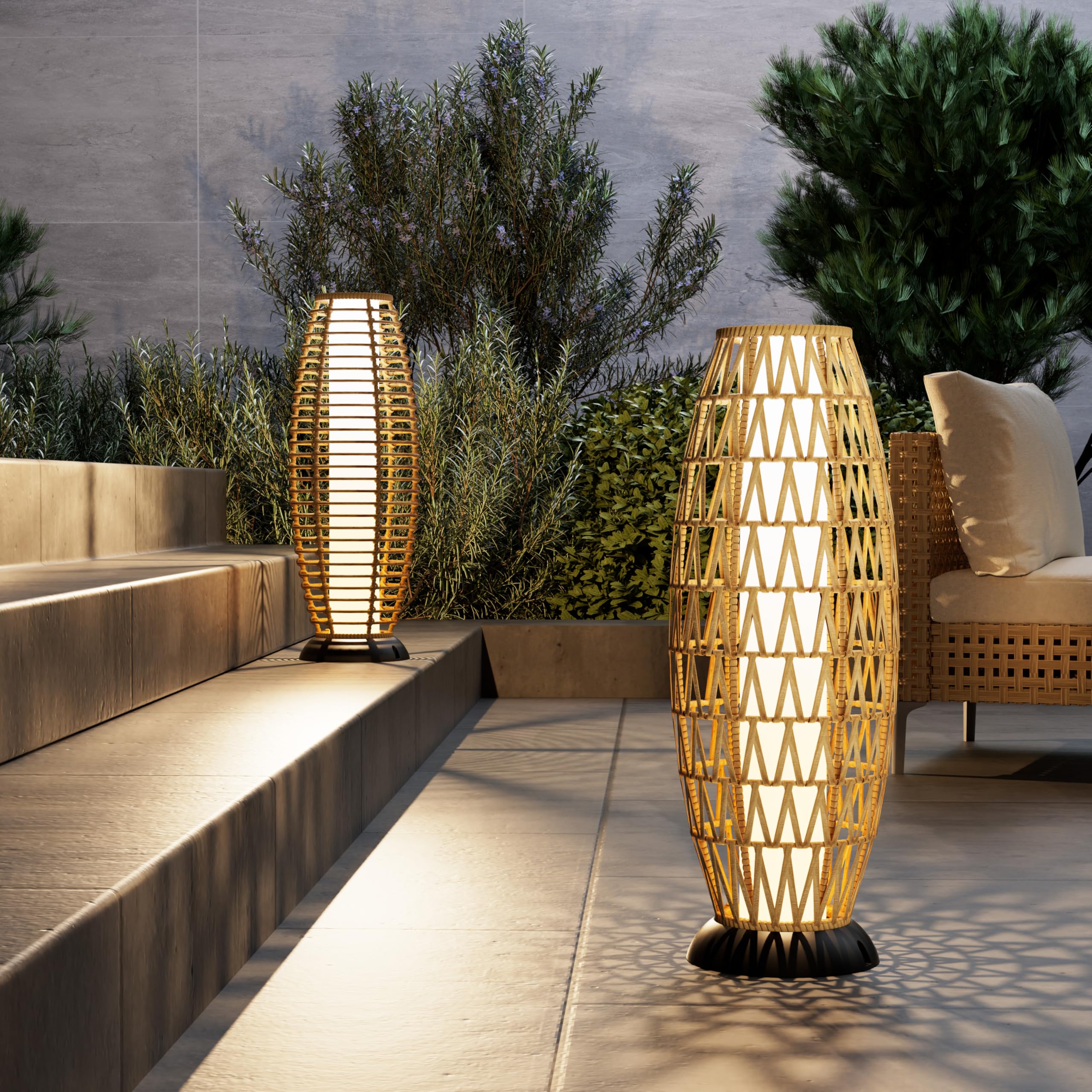 2-Pack Solar Powered Outdoor Floor Lamps - Weather-Resistant Wicker Patio Lights for Garden, Deck & Backyard - Large Solar Lanterns in Austin Natural Brown - Perfect for Evening Gatherings & Landscape Lighting
