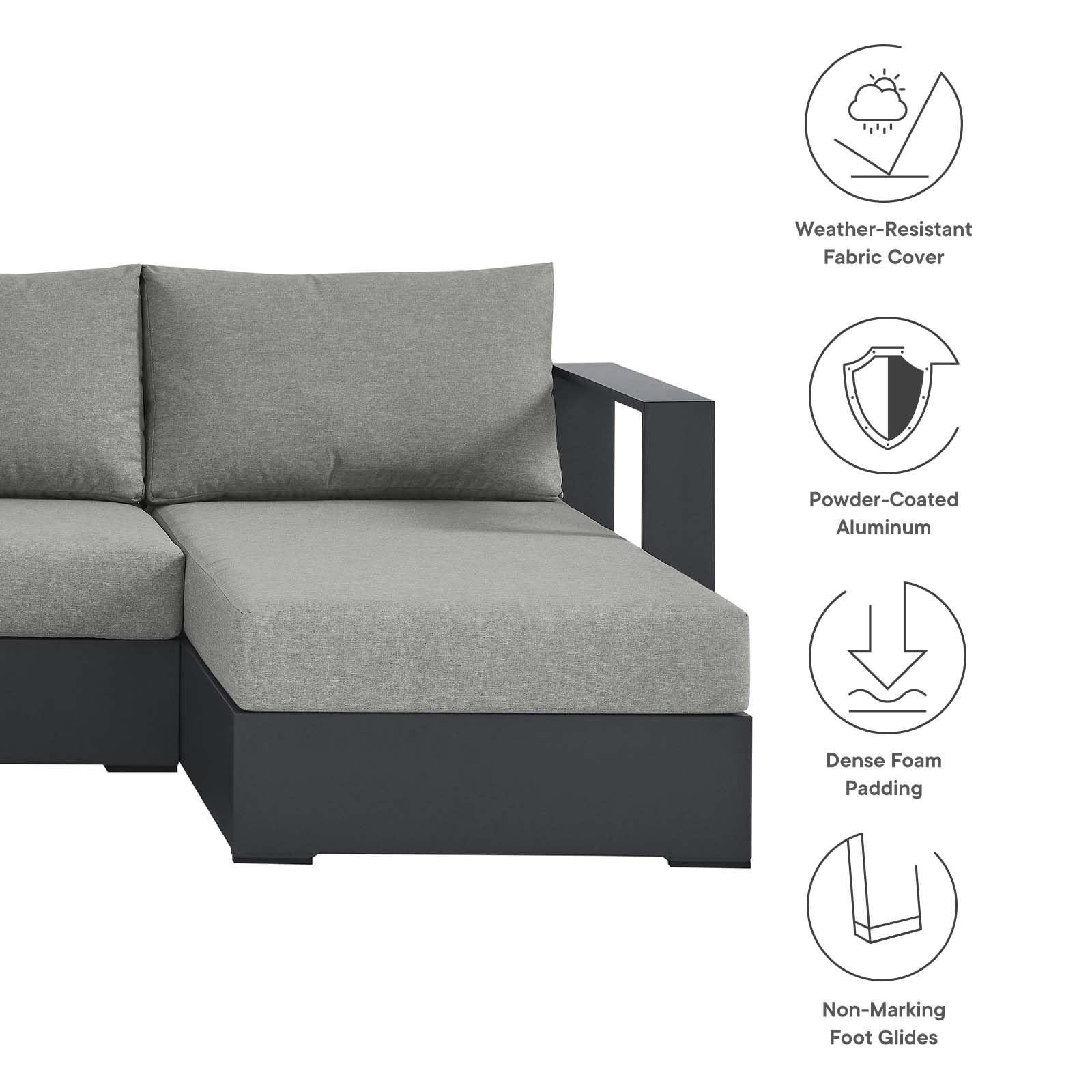 Modway Tahoe 4-Piece Aluminum Outdoor Patio Sectional Sofa Set with Weather-Resistant Cushions - Gray Modular Chaise Lounges for Deck, Backyard & Poolside Relaxation | Durable Patio Furniture for Outdoor Living Spaces