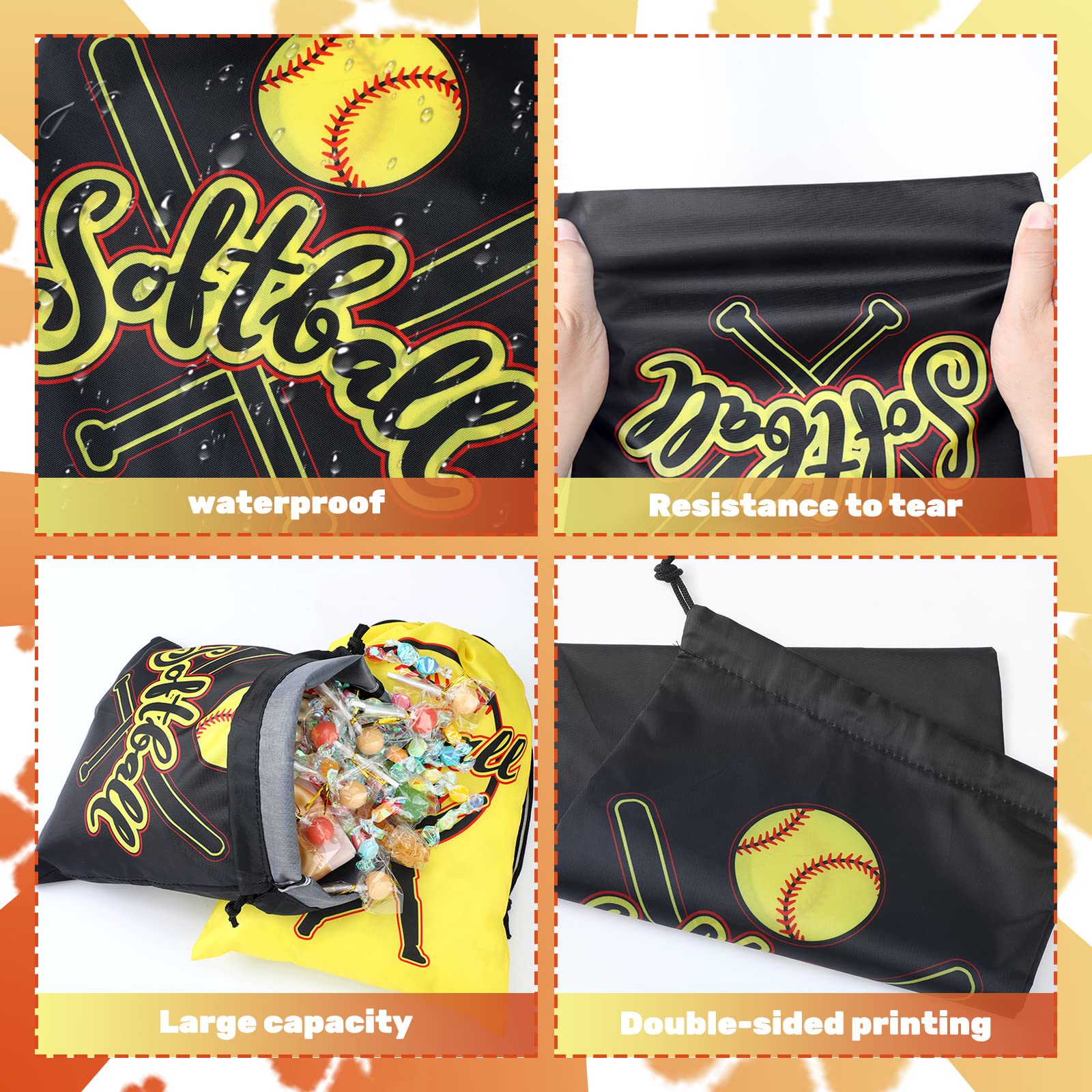 Kingdder 12 Pack Yellow Softball Drawstring Party Favor Bags - Perfect for Softball Team Treats, Birthday Party Favors & Sports Themed Events