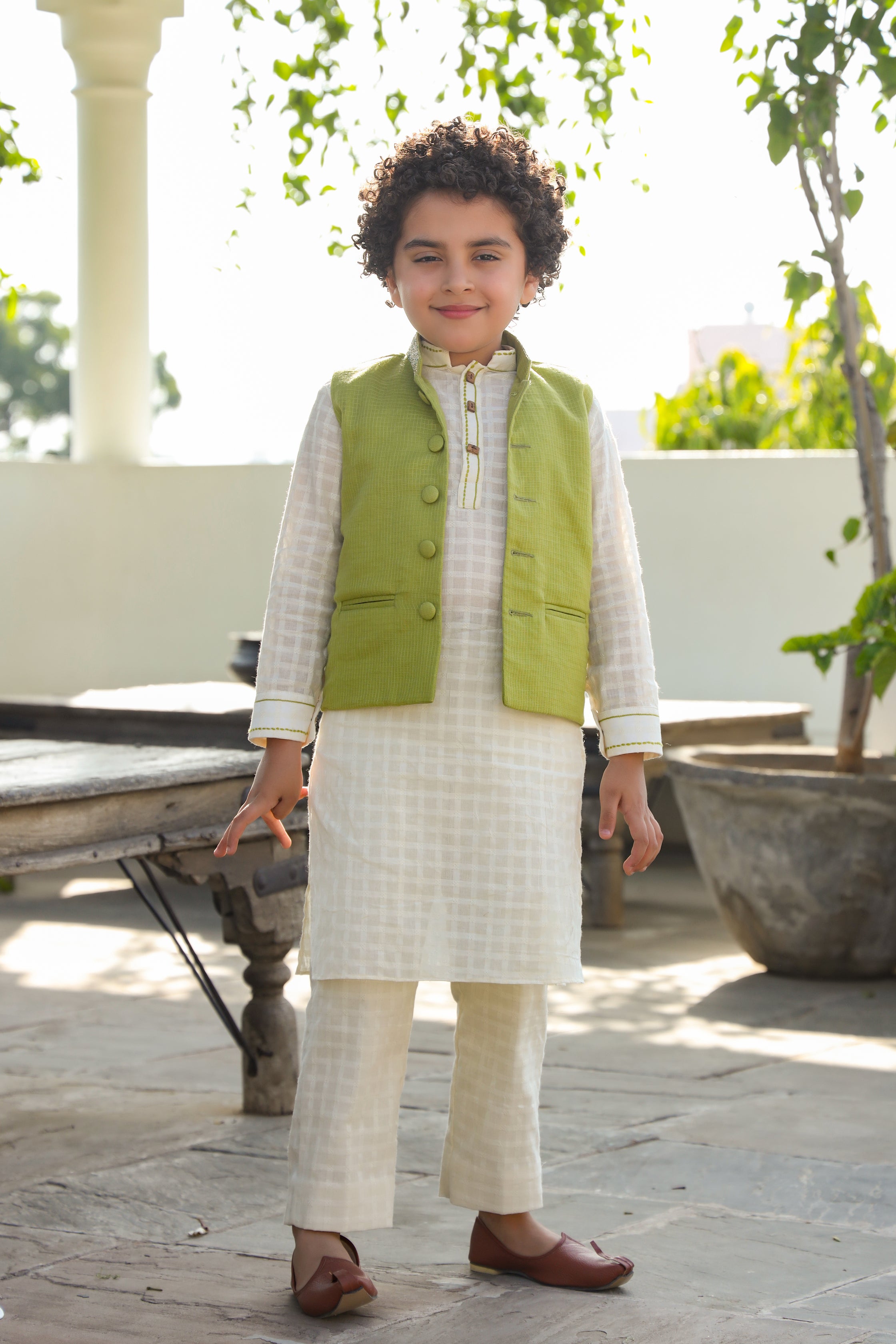 Stylish Inara Kota Doriya Nehru Jacket & Cotton Dobby Kurta Trouser Set for Boys | Traditional Indian Ethnic Wear for Festivals, Weddings & Special Occasions