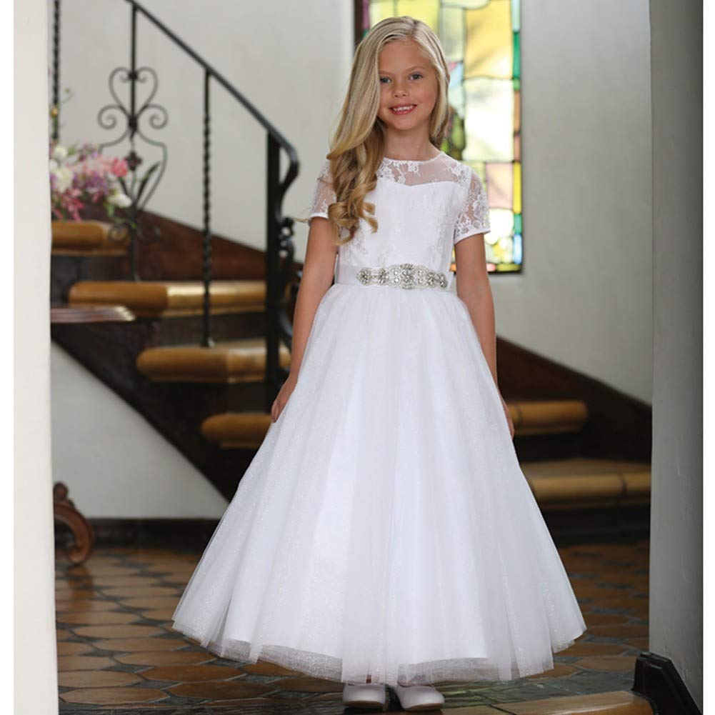 Big Girls White Sparkle Tulle Corset Back Bow First Communion Dress Size 14 - Perfect for Church Ceremonies, Baptisms & Special Occasions