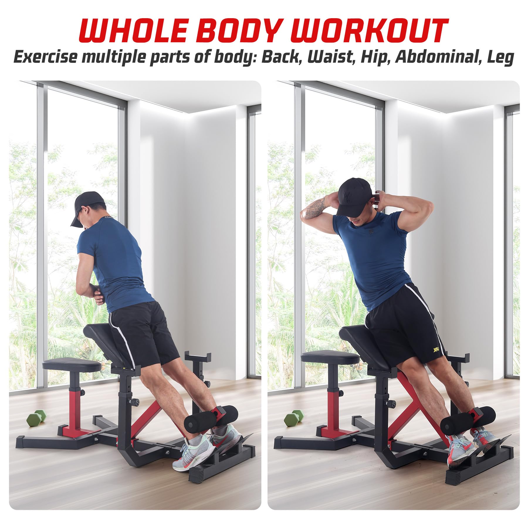 GARVEE 2-in-1 Roman Chair & Preacher Curl Bench - Adjustable Height Hyperextension Bench for Home Gym - Arms, Abs, Back, Glutes & Leg Workout Equipment - Heavy Duty Multi-Functional Fitness Bench (Red) - Perfect for Home Workouts, Strength Training & Core Exercises