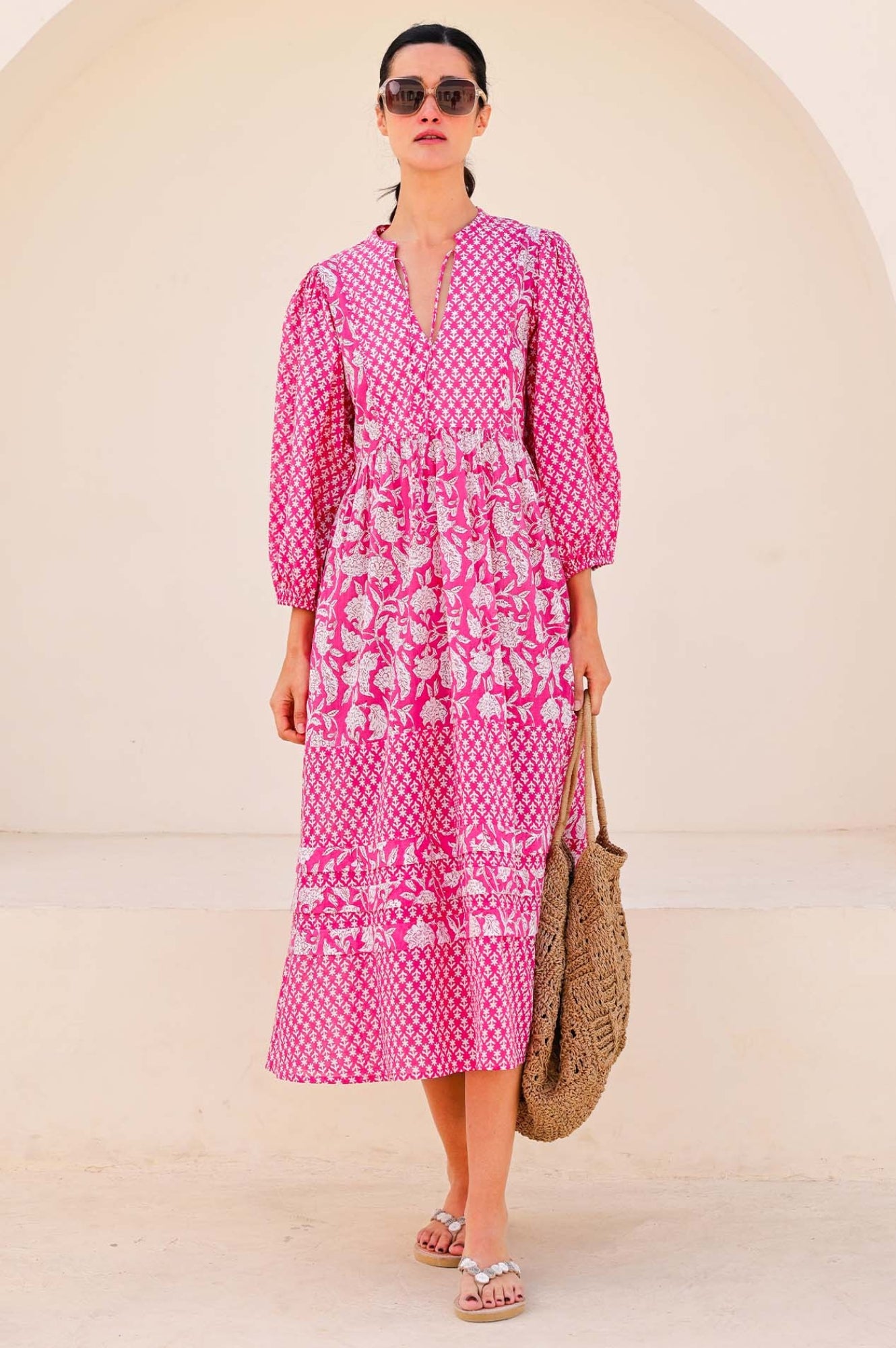 Martha Organic Cotton Mix Print Dress - Dianthus Floral Pink & White | Women's Casual Summer Dress for Beach, Brunch & Outdoor Events