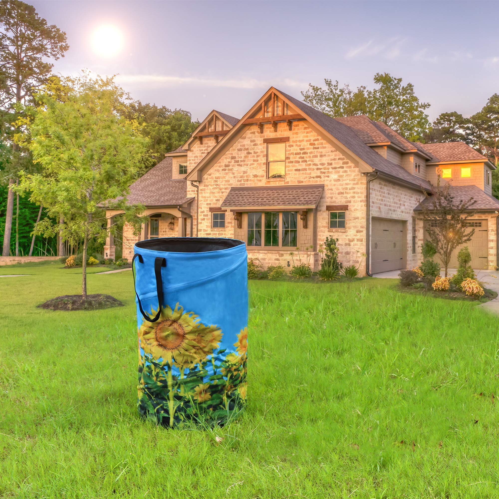 Flora Guard 32 Gallon Heavy Duty Leaf Collector Bags - Collapsible Oxford Canvas Yard Waste Bags with Holder, Self-Standing Reusable Trash Can for Lawn & Garden Cleaning, Durable Sunflower Print - Perfect for Home, Camping & Outdoor Cleanup