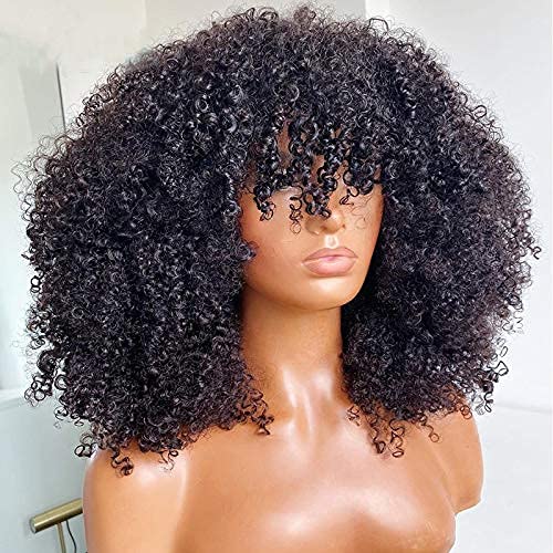 Afro Kinky Curly Human Hair Wig with Bangs - 200% Density Virgin Brazilian Hair Short Curly Wig (20 Inch) - Machine Made Scalp Top for Natural Look | Perfect for Cosplay, Daily Wear & Protective Hairstyles