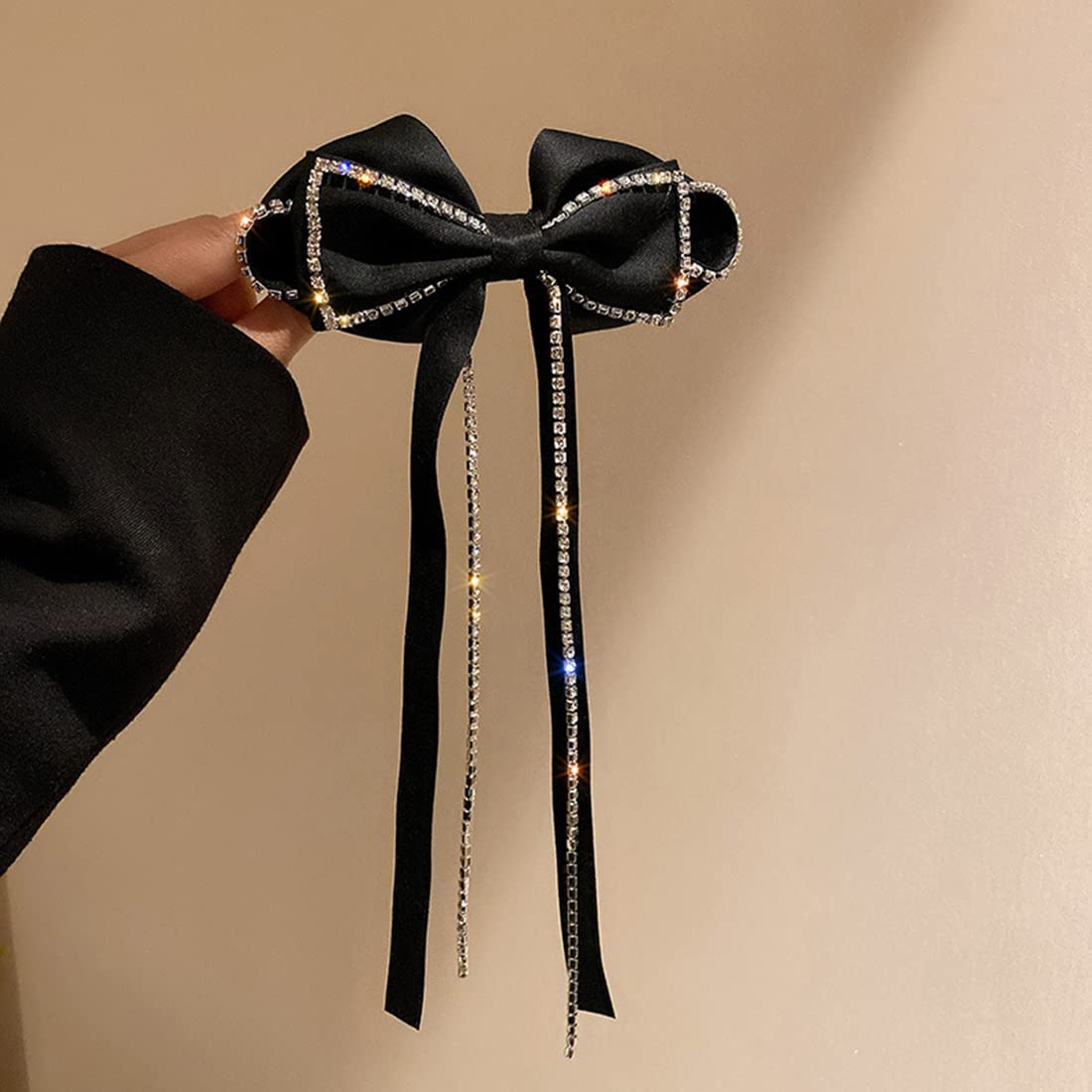 Elegant Big Hair Bows with Long Brocade Tassel Ribbon - Women's Hair Clips Barrettes & Claw Hair Accessories for Women and Girls (Black) - Perfect for Weddings, Parties, and Everyday Fashion