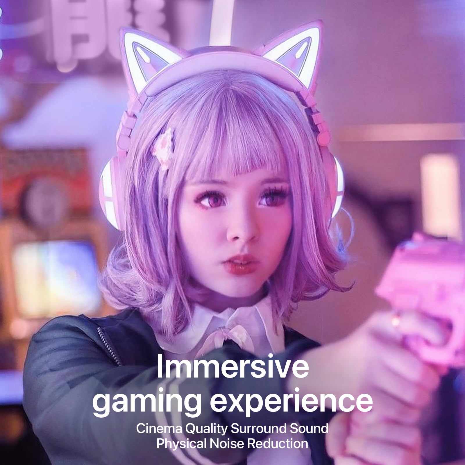 YOWU Cat Ear Headphones 3G - RGB Wireless/Wired 5.0 Foldable Gaming Headset with 7.1 Surround Sound, Built-in Mic & Customizable LED Lighting via APP (Pink) | Perfect for PC Gaming, Streaming, and Cosplay