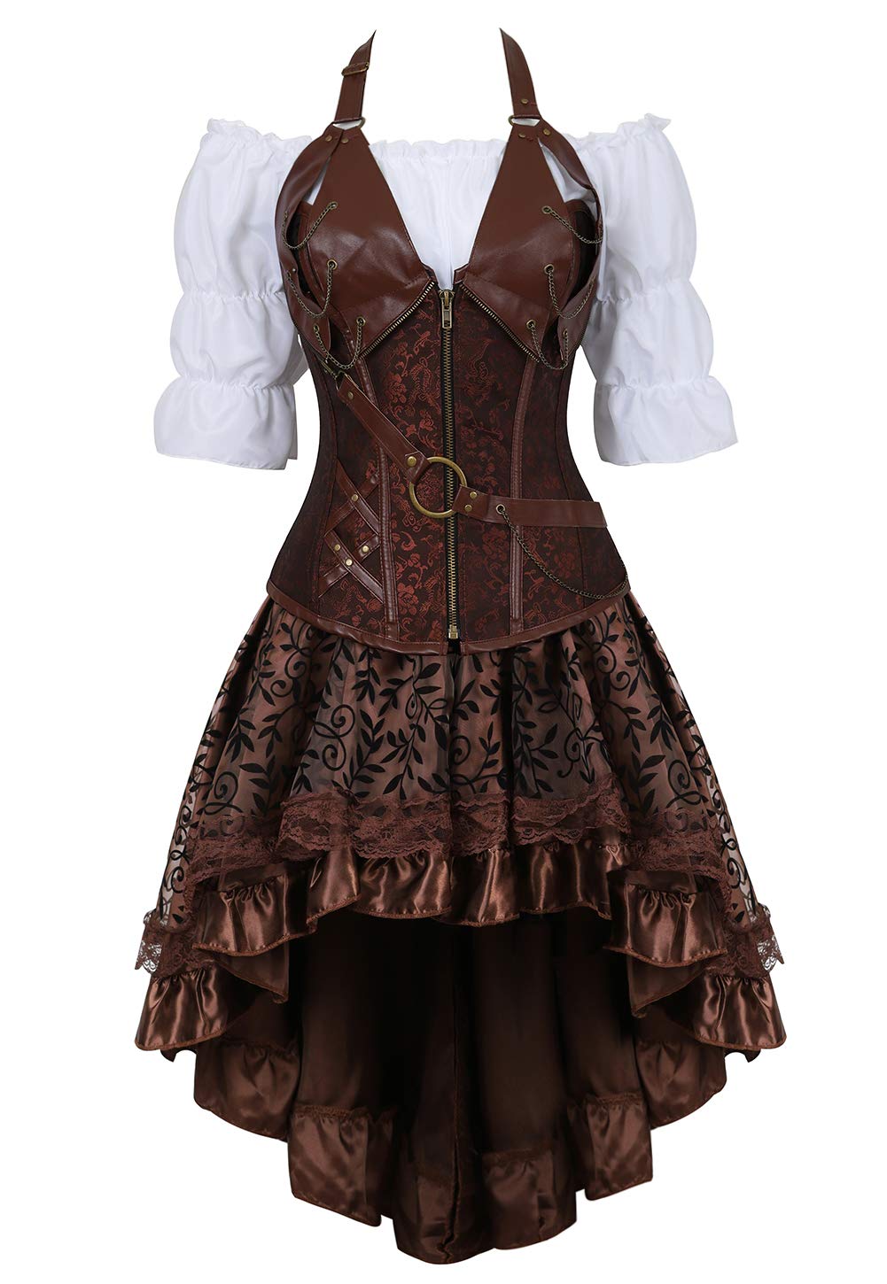 Steampunk Leather Corset Bustier & Skirt 3-Piece Outfit for Women - Victorian Gothic Costume, Cosplay, Burlesque & Halloween Party Attire