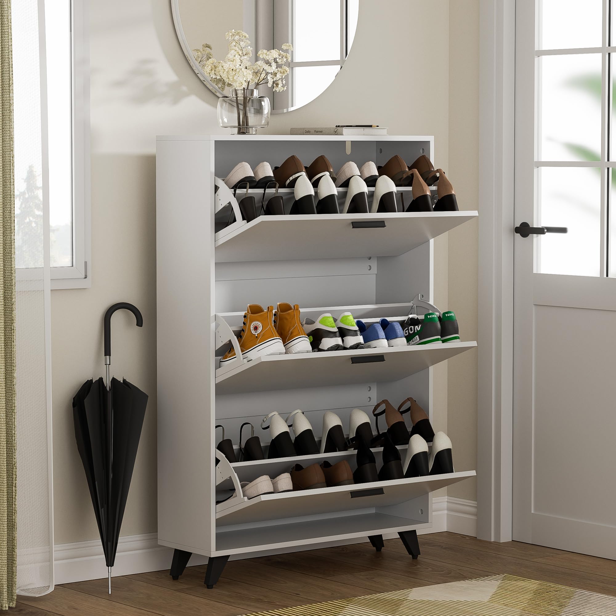 White Shoe Storage Cabinet with 3 Flip Drawers - Holds Shoes Up to Size 16, Wooden Entryway Organizer for Closet, Living Room & Bedroom - Perfect for Small Spaces & Shoe Lovers