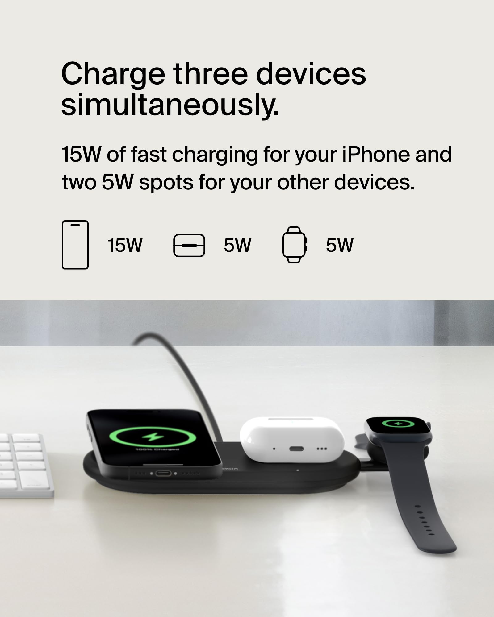 Belkin 3-in-1 MagSafe-Compatible Wireless Charging Pad with Qi2 15W Fast Charging - iPhone Charger Station for iPhone 16/15/14 Series, AirPods & Apple Watch - Perfect for Home, Office & Travel - Black