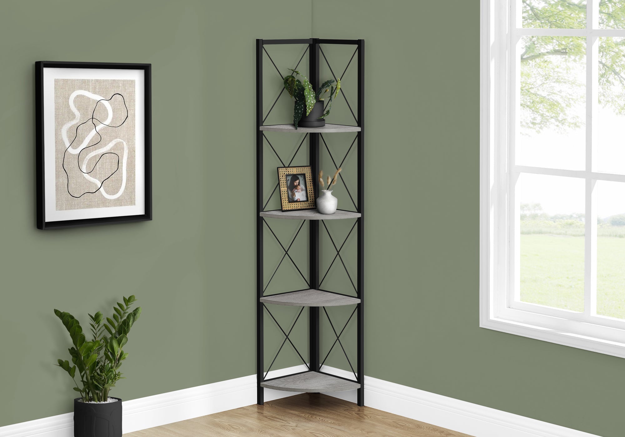 Modern 60-Inch Tall Grey & Black Metal Corner Bookcase - Space-Saving Bookshelf for Living Room, Office, or Bedroom Storage & Display