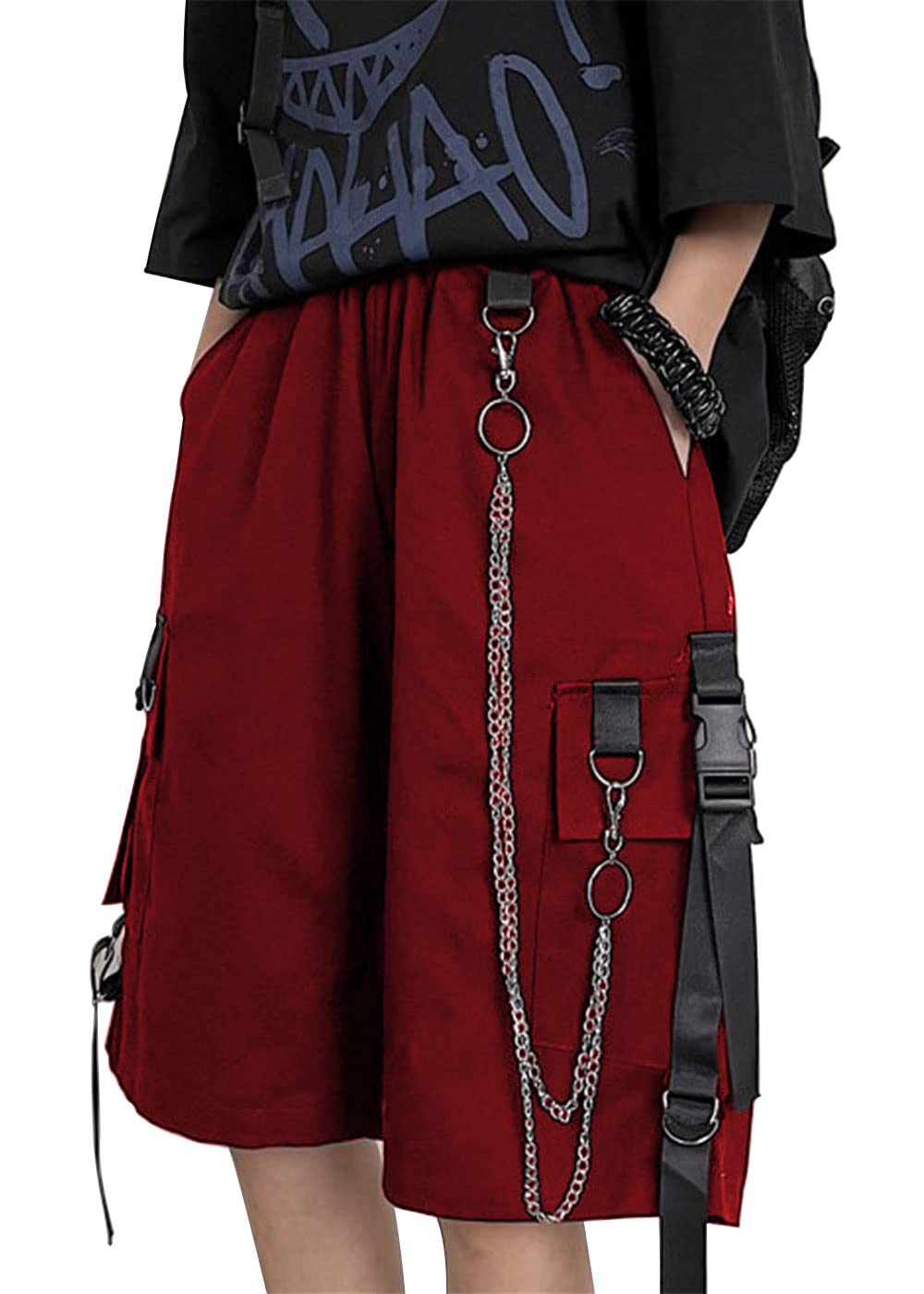 Kisswow Cargo Shorts with Chain - Stylish Fairy Grunge Techwear Pants | Korean Punk Fashion Harajuku Jorts for Streetwear & Festival Outfits