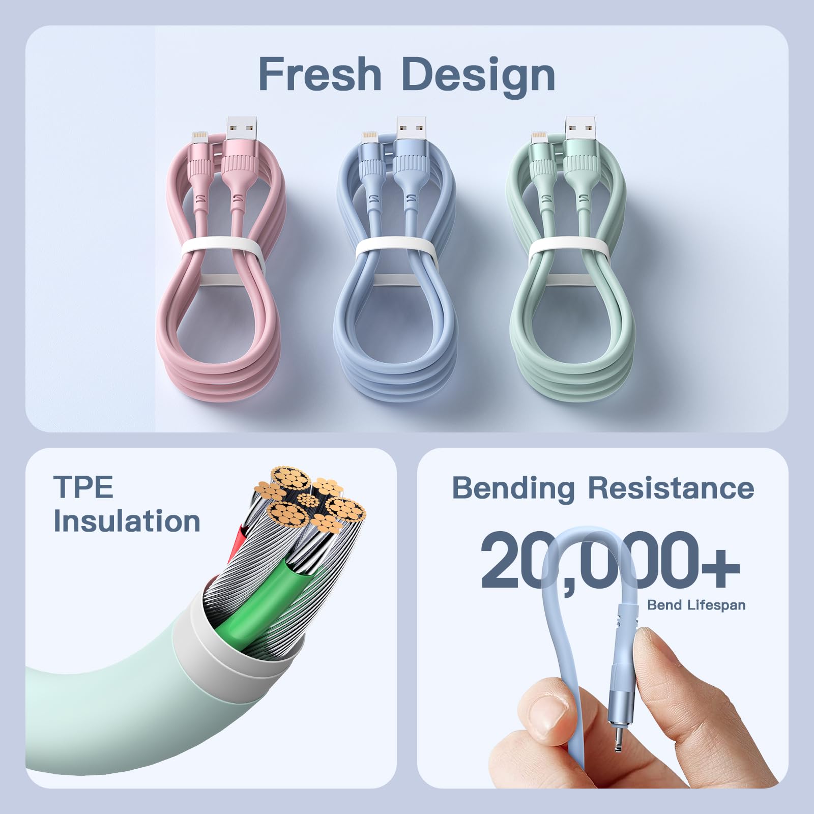 MFi Certified iPhone Charger Cable 3-Pack 6FT/1.8M Fast Charging Cable for iPhone 14/13/12/11 Pro Max/XS/XR/8/7/6 - Durable TPE Long Charging Cord for Home, Office & Travel