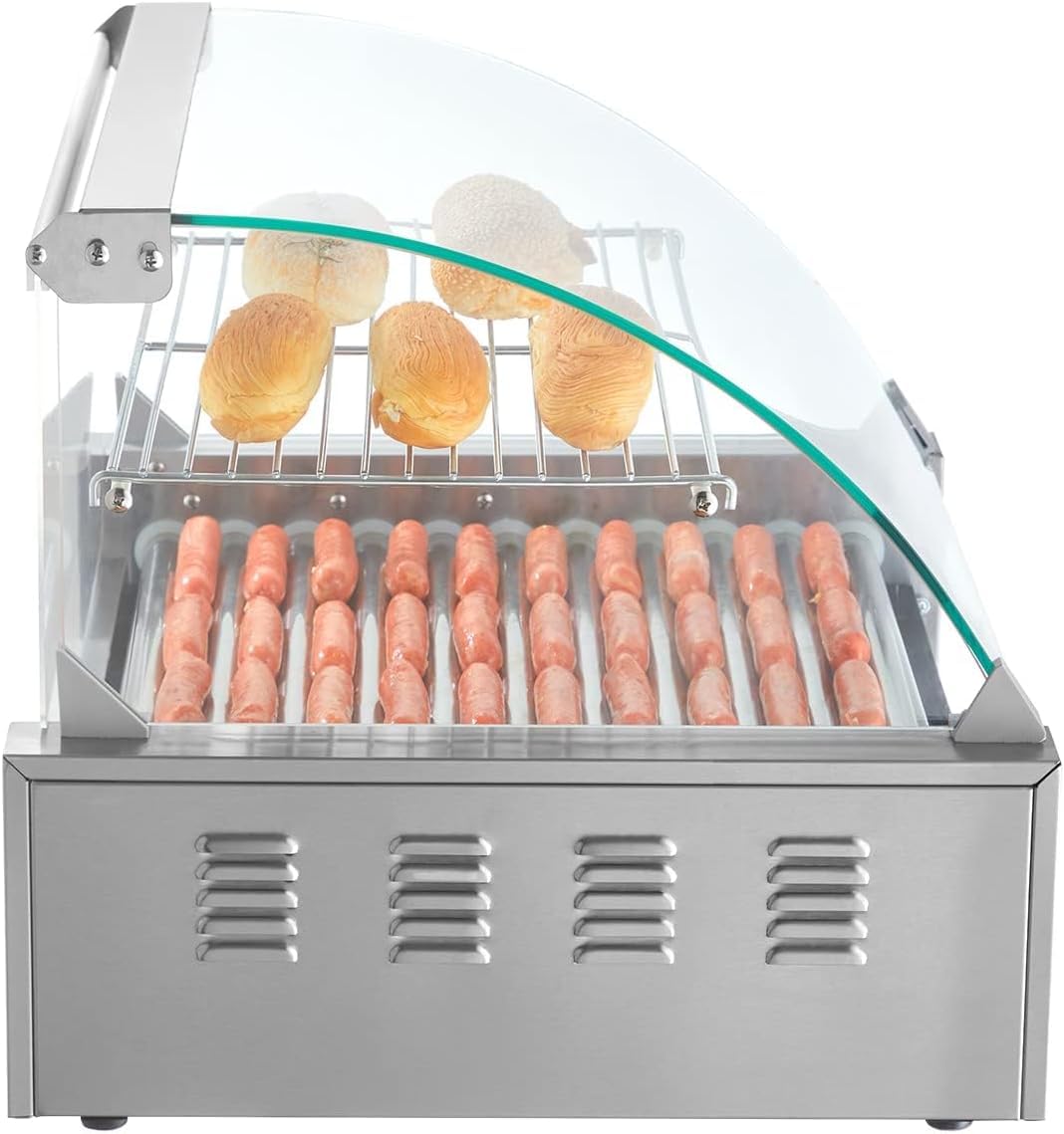 VEVOR Commercial Hot Dog Roller Machine - 30 Hot Dog Capacity, 11 Stainless Steel Rollers, 1800W Electric Sausage Grill with Cover, Dual Temperature Control, LED Light & Removable Drip Tray - Perfect for Restaurants, Food Trucks, Cafeterias, and Home Kitchens