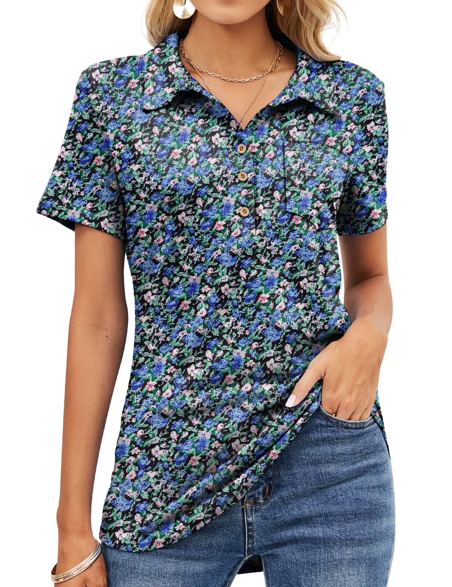 TFSDOD Women's Short Sleeve Polo Shirt - V Neck Business Casual Button Down Tunic with Pocket | Perfect for Office Work & Professional Outfits