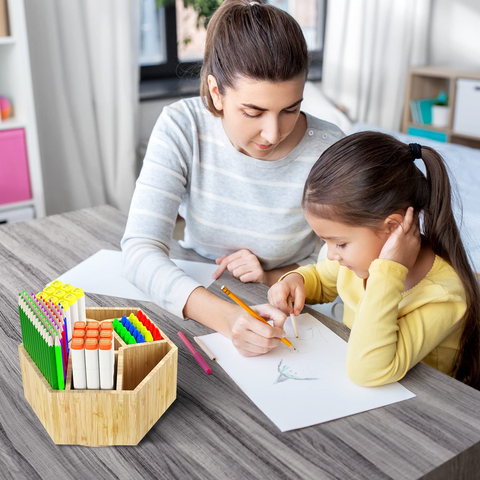 Bamboo Rotating Hexagon and Round Art Supply Organizer - 7 Compartment Desktop Storage Box for Pens, Colored Pencils, Art Brushes | Perfect for School, Office, Art Studio & Craft Room Organization