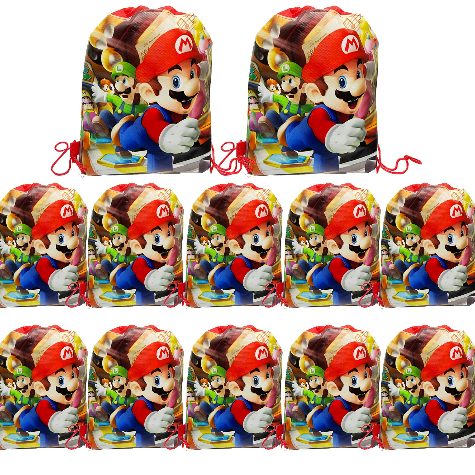 12 Pack Super Cute Mario Bros Drawstring Party Bags - Red Mario Party Favors, Kids Backpacks for Boys & Girls - Perfect for Birthday Parties, Baby Showers & Game Themed Events