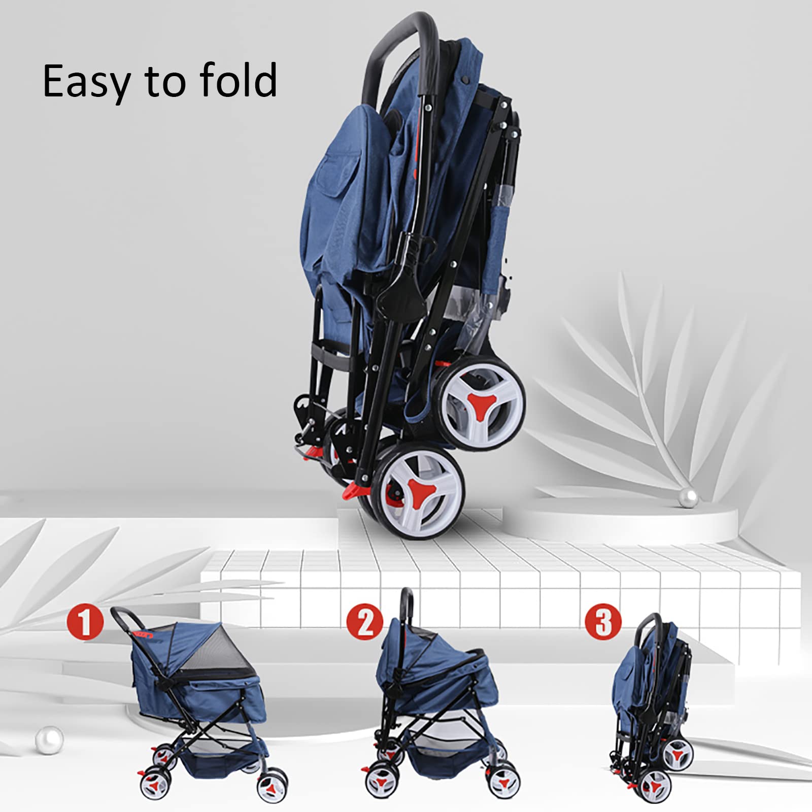 CAYJ Dog Stroller with 2-Way Push Handle, Rear Brake, Pet Leash & Large Storage Basket - Shock-Absorbing Wheels for Small Pets (Grey) - Perfect for Outdoor Walks, Vet Visits & Shopping Trips