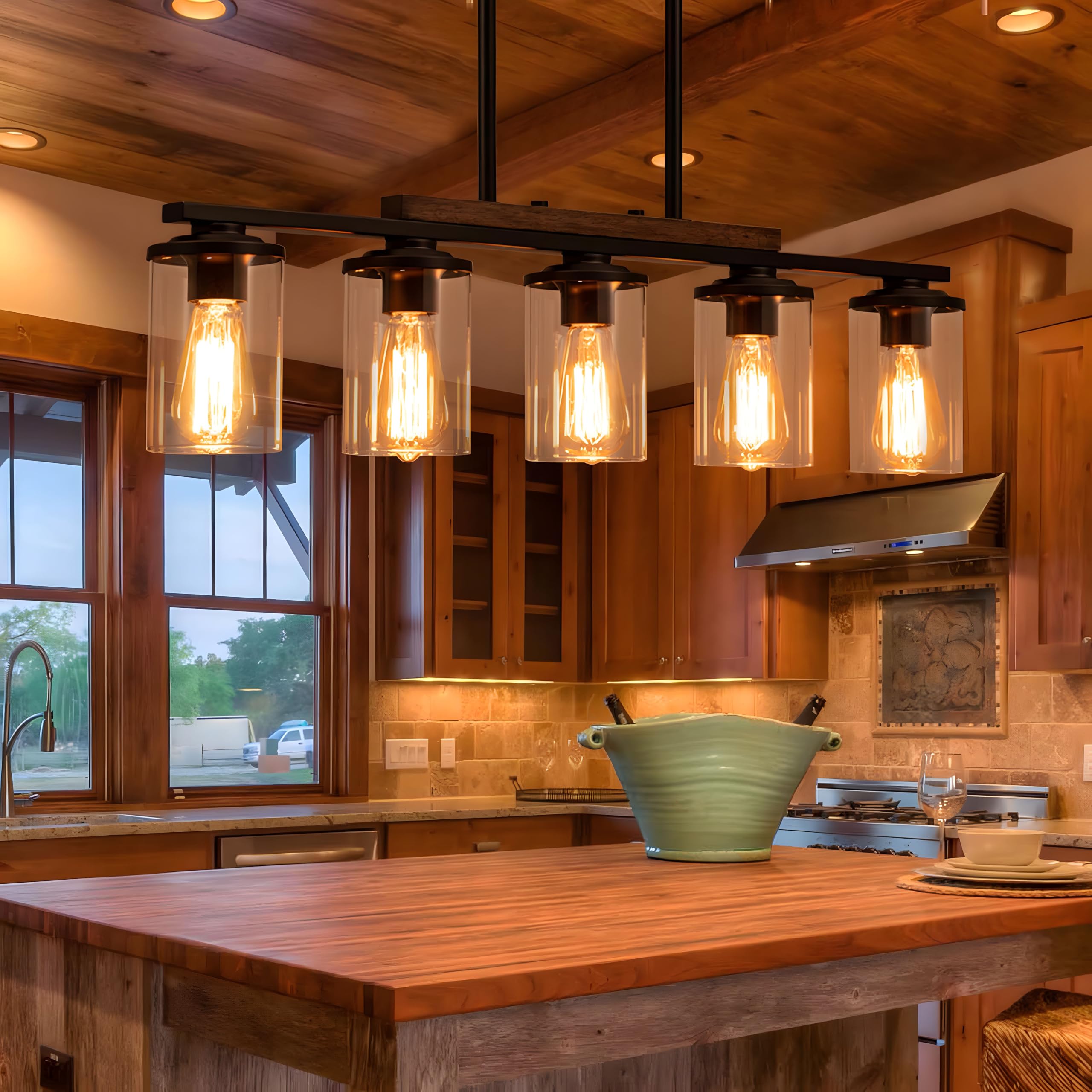 Farmhouse 5-Light Kitchen Island Chandelier - Rustic Wood Frame & Black Metal Finish with Clear Glass Shades - Adjustable Pendant Lighting for Dining Table, Kitchen Island - Perfect for Farmhouse, Rustic & Industrial Style Home Decor