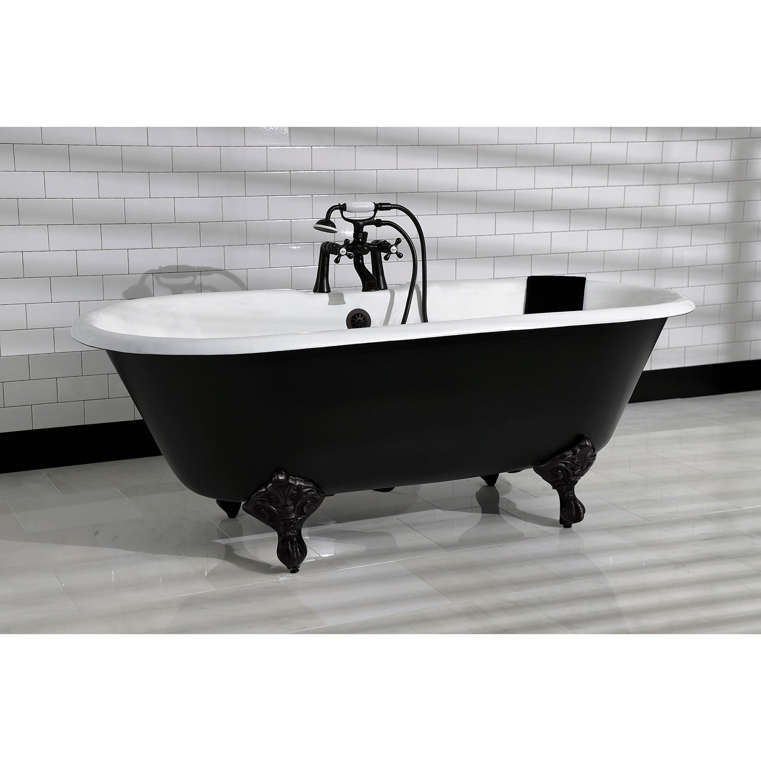 66 Inch Cast Iron Oval Double Ended Clawfoot Tub - Aqua Eden VBT7D663013NB0 with 7 Inch Faucet Drillings in Black/White/Matte Black | Vintage Bathroom Centerpiece for Luxury Homes & Spa Retreats