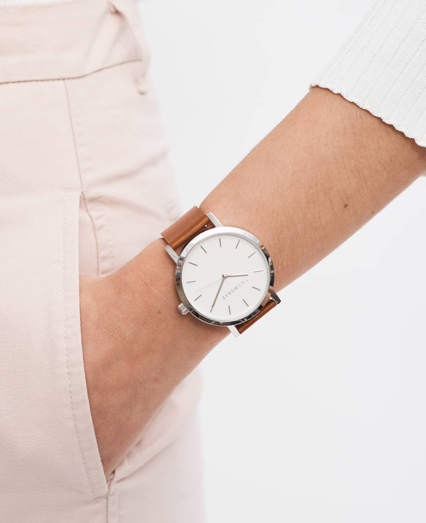 The Original Polished Steel Watch with White Face & Tan Leather Strap - Perfect for Business, Casual & Formal Occasions