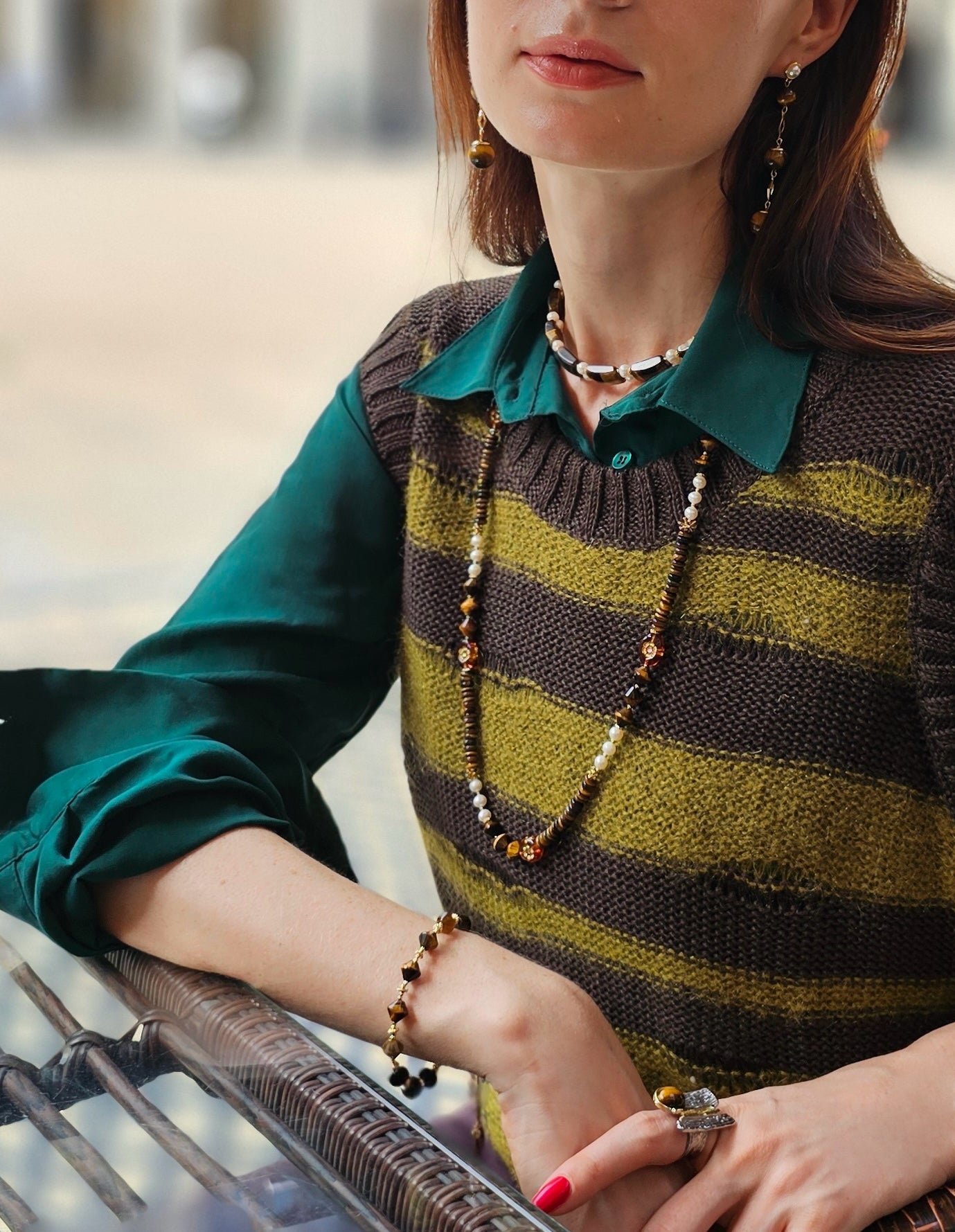 Elegant Rectangle Tiger Eye Stone & Freshwater Pearl Choker Necklace NN025 - Perfect for Boho Chic, Casual, and Evening Wear