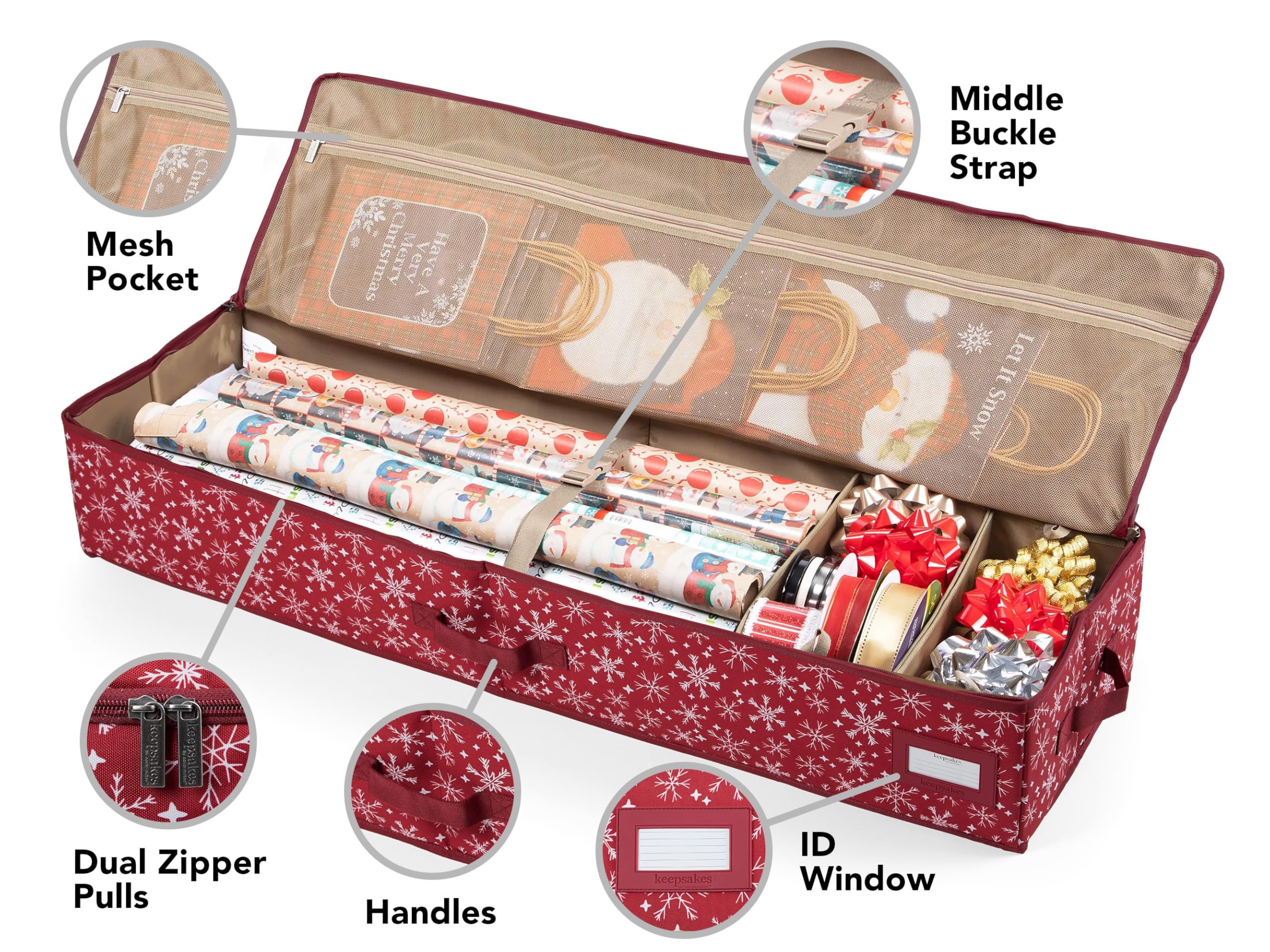Covermates Keepsakes Gift Wrap Organizer - Heavy Duty Storage for 25 Rolls of Wrapping Paper - Adjustable Compartments & Mesh Pockets - Holiday Gift Wrapping Accessories - Red Snowflake Design - Perfect for Christmas, Birthday & Party Gift Preparation