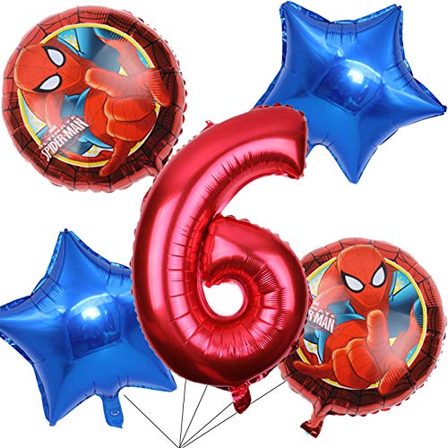 BCD-PRO Spiderman Superhero Balloons Bouquet - 5 Pack Birthday Party Decorations with Ribbons - Perfect for 6th Birthday Parties, Superhero Themed Events & Kids Celebrations