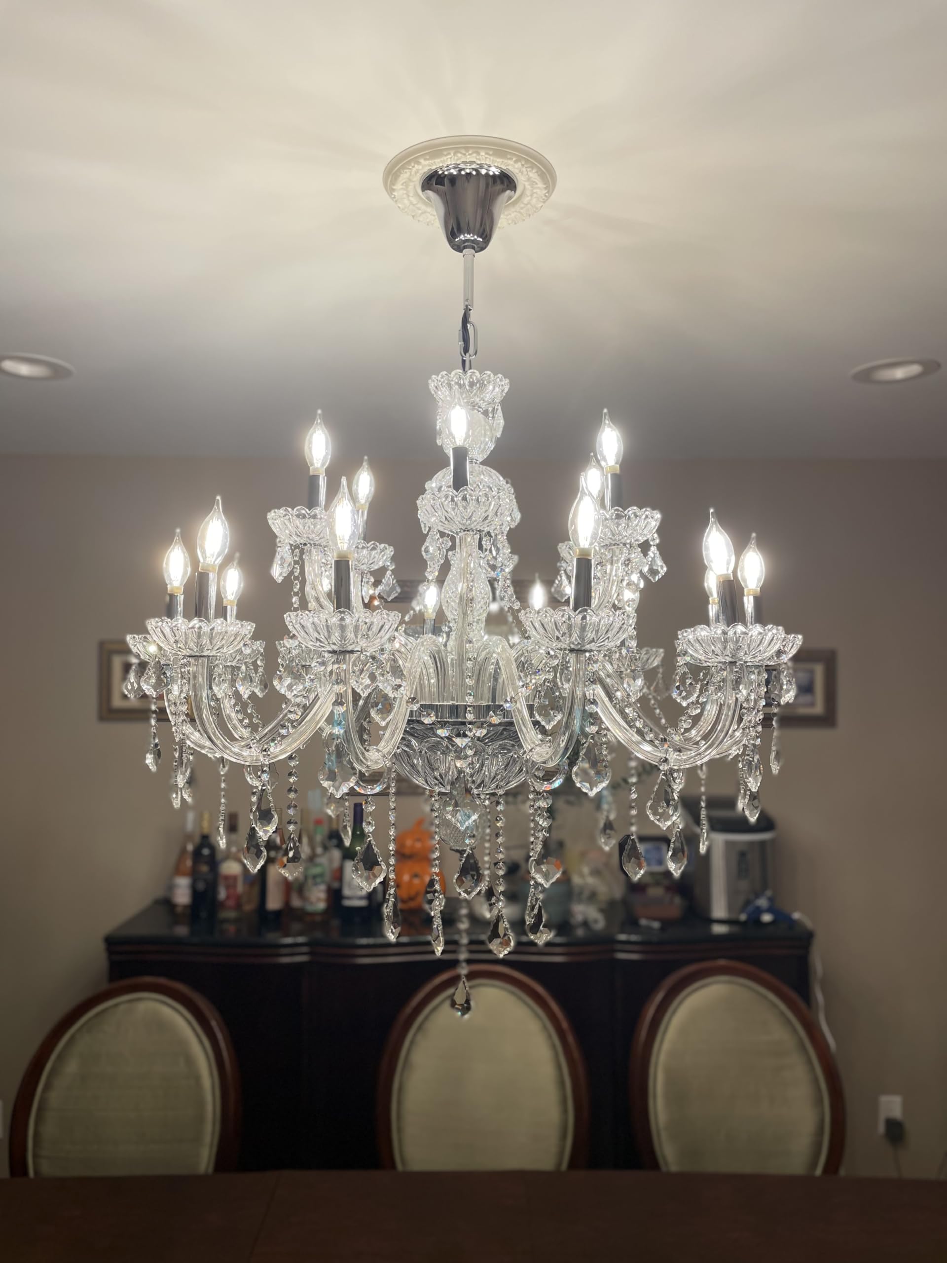HungGwun 18-Light K9 Crystal Chandelier - Modern Luxury Candle Pendant Ceiling Lamp - 37x30 Inch Clear Glass Lighting Fixture for Dining Room, Bedroom, Living Room, Kitchen, Hallway & Entryway - Perfect for Weddings, Home Decor & Luxury Interior Design