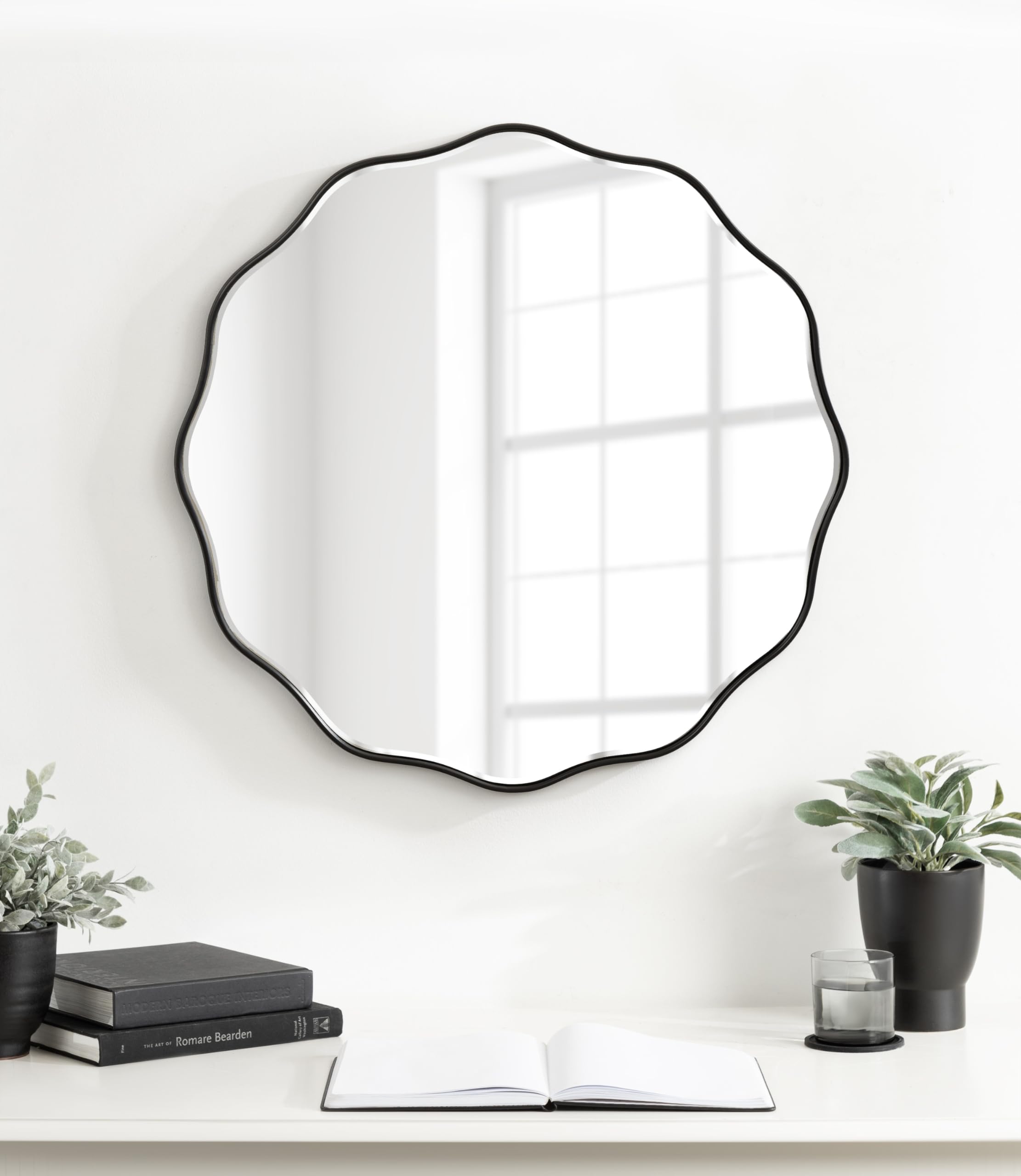 Kate and Laurel Viona Modern Scalloped Round Mirror - 26 Inch Black Wavy Circle Wall Mirror with Unique Rippled Edge - Perfect for Bathroom Vanity, Bedroom Decor, or Living Room Accent Wall