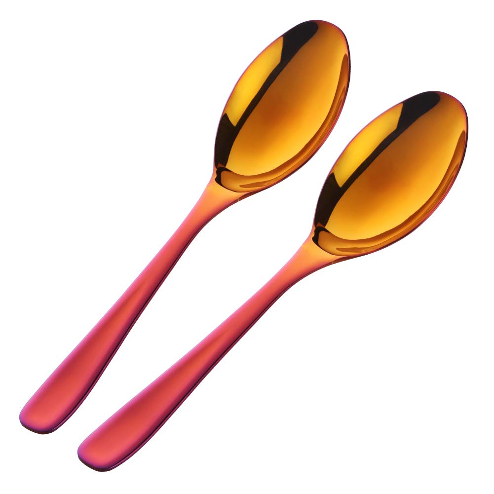 Stainless Steel Buffet Serving Spoons - 10 Inch Orange Red Salad Servers (Set of 2) - Large Dishwasher Safe Serving Utensils for Parties, Catering & Home Dining