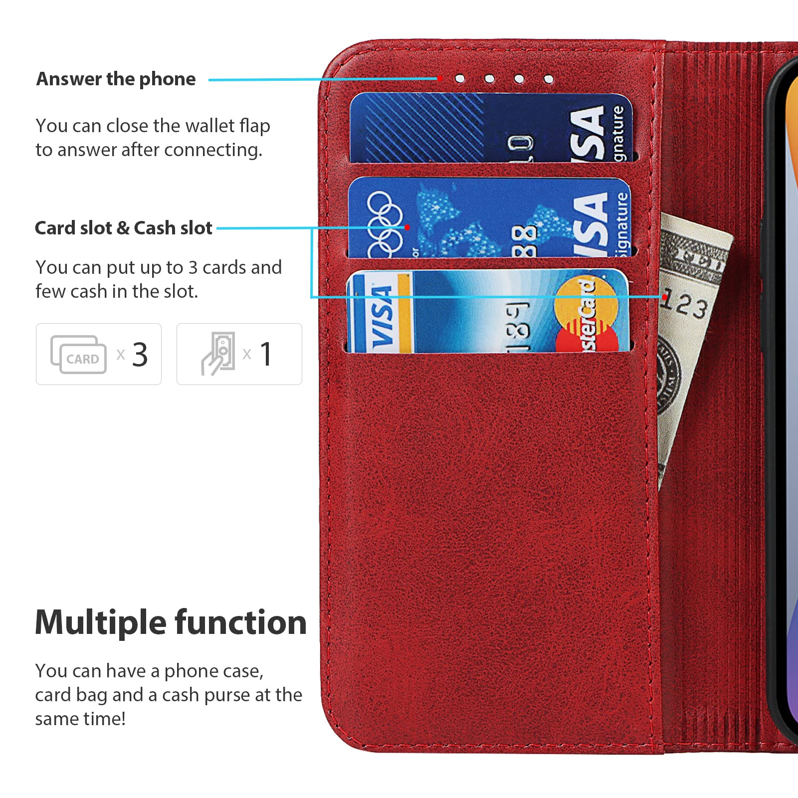 Havaya Wallet Case for iPhone 13 Pro Max/12 Pro Max - Slim Flip Cover with Card Holder & Kickstand (Red) - Perfect for Women's Everyday Use, Commuting & Travel