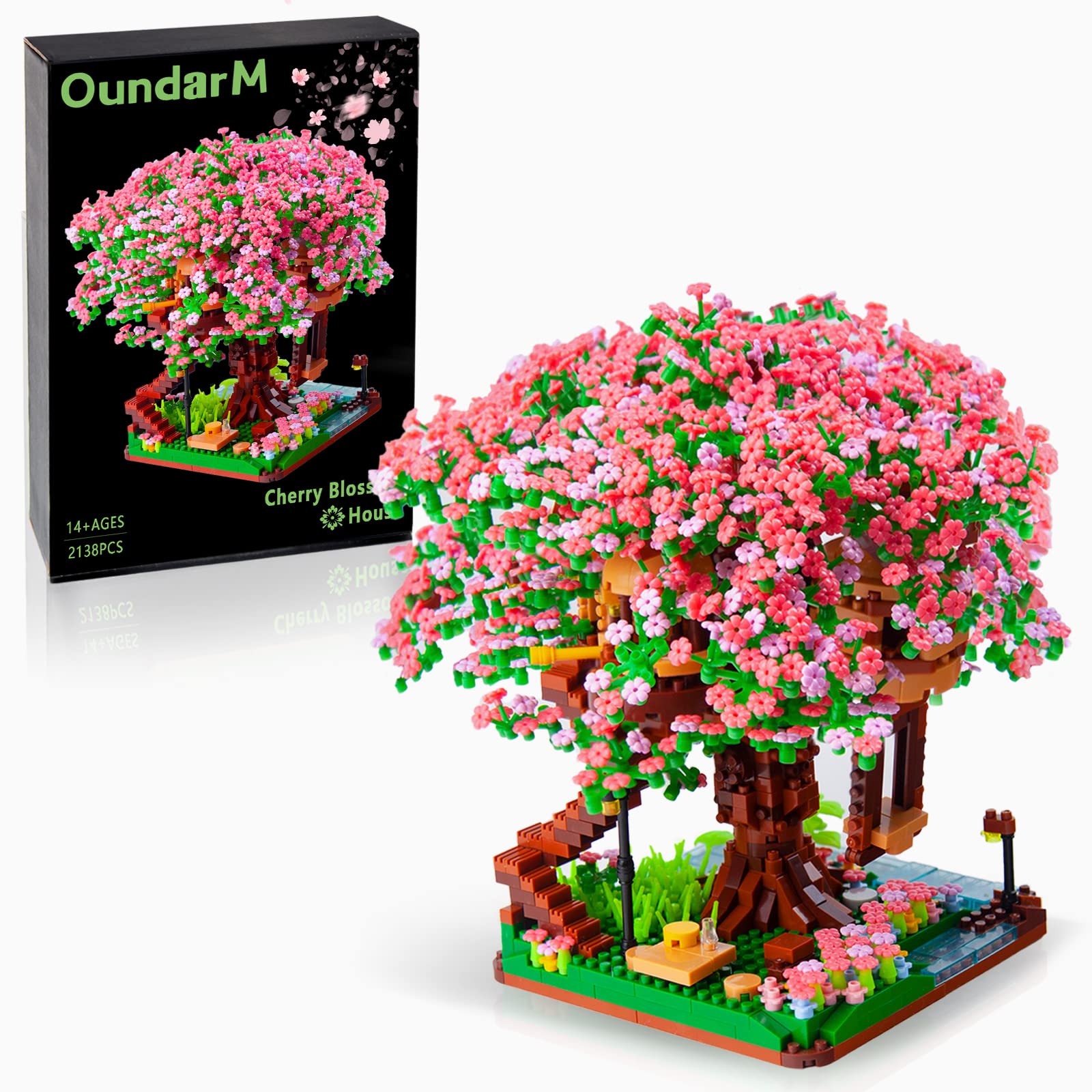 OundarM Mini Cherry Blossom Treehouse Bonsai Tree Building Blocks Set - 2138 Pcs Sakura Botanical Collection for Adults & Teens 14+, Creative Home Decor & Relaxing DIY Project, Perfect for Office Desk Display & Gift Idea (Not Lego Compatible)