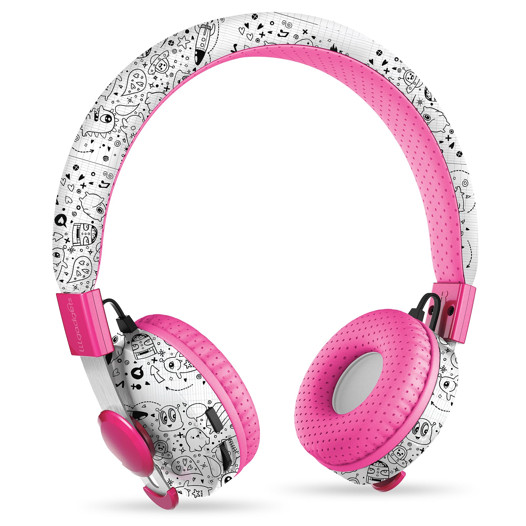 LilGadgets Untangled Pro Wireless Kids Headphones - On-Ear Design with Volume Limiter & Built-in Mic | Safe for School, Travel & Home Use | SharePort Technology & SoftTouch Padding | Doodle Design