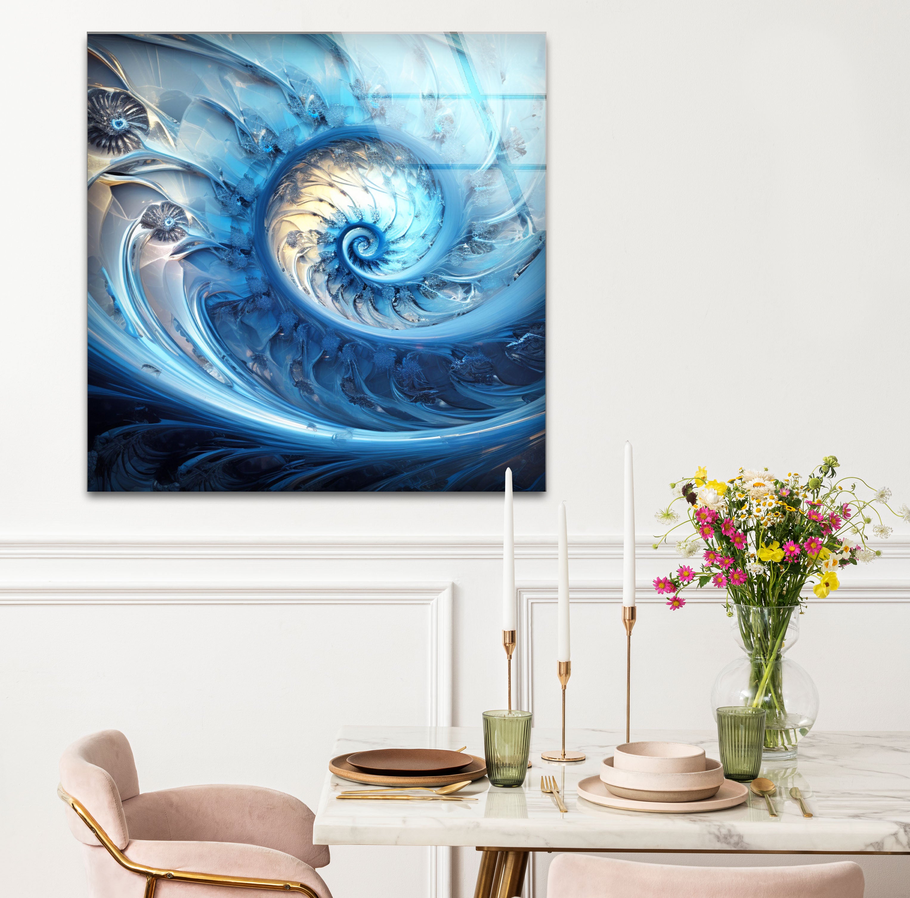 Blue Fractal Spiral Wall Art - Abstract Nautilus Glass Print for Modern Living Room & Office Decor | Perfect for Contemporary Home & Workspace Interiors