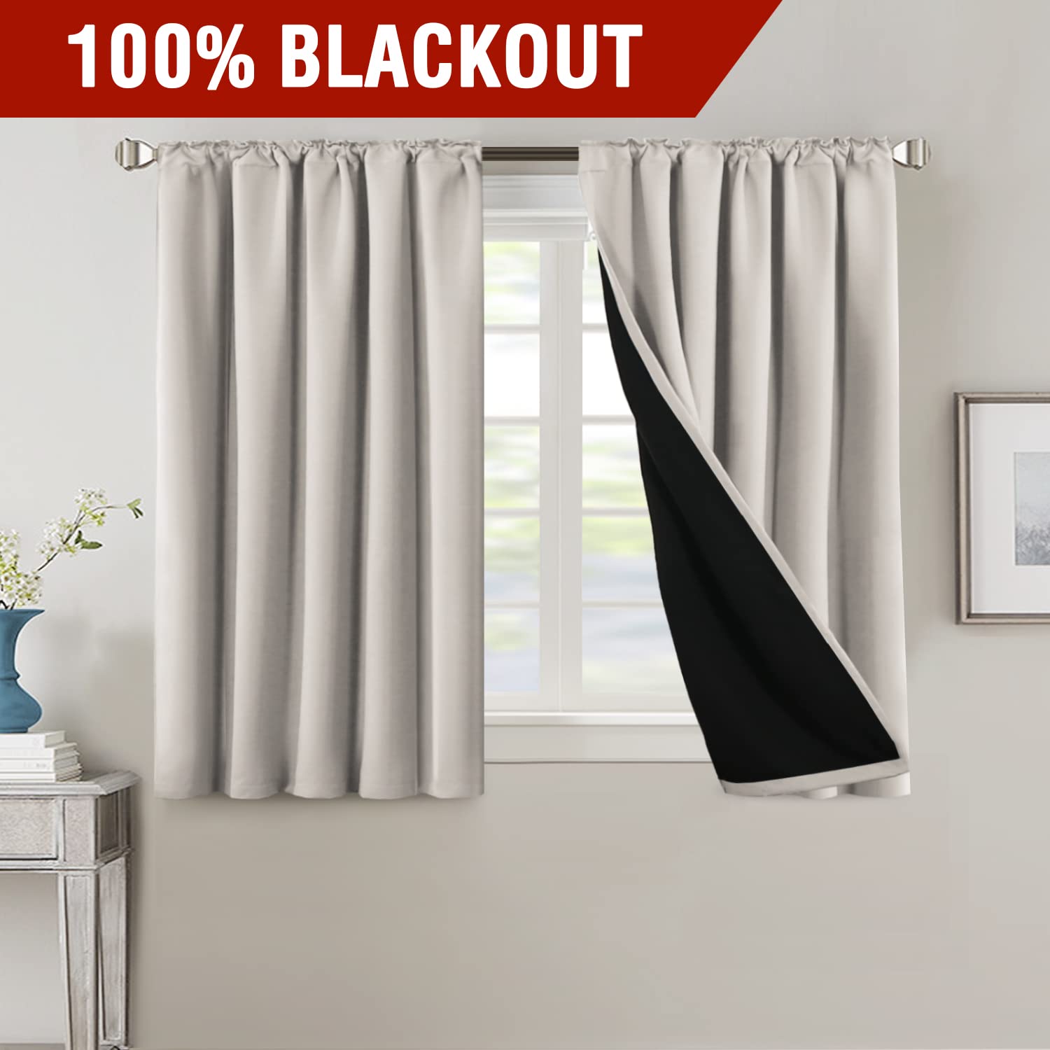H.VERSAILTEX 100% Blackout Curtains for Bedroom & Living Room - Thermal Insulated Black Liner Drapes with Back Tab/Rod Pocket, 45 Inch Long, 2 Panels, Pumice Stone - Perfect for Light Blocking, Privacy & Energy Efficiency