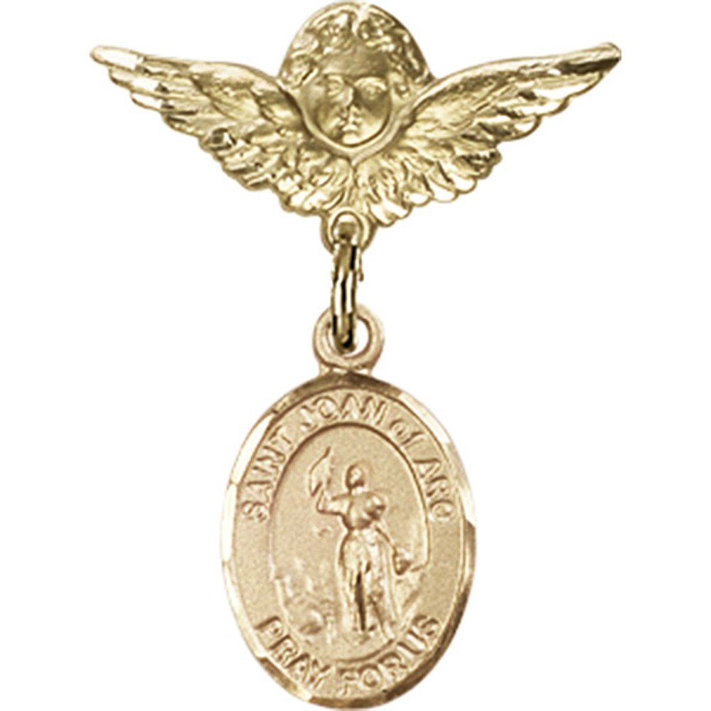 Gold Filled St. Joan of Arc Charm Baby Badge with Angel Wings Pin - 1 X 3/4 Inch Religious Jewelry for Baptism, Christening & First Communion Gifts