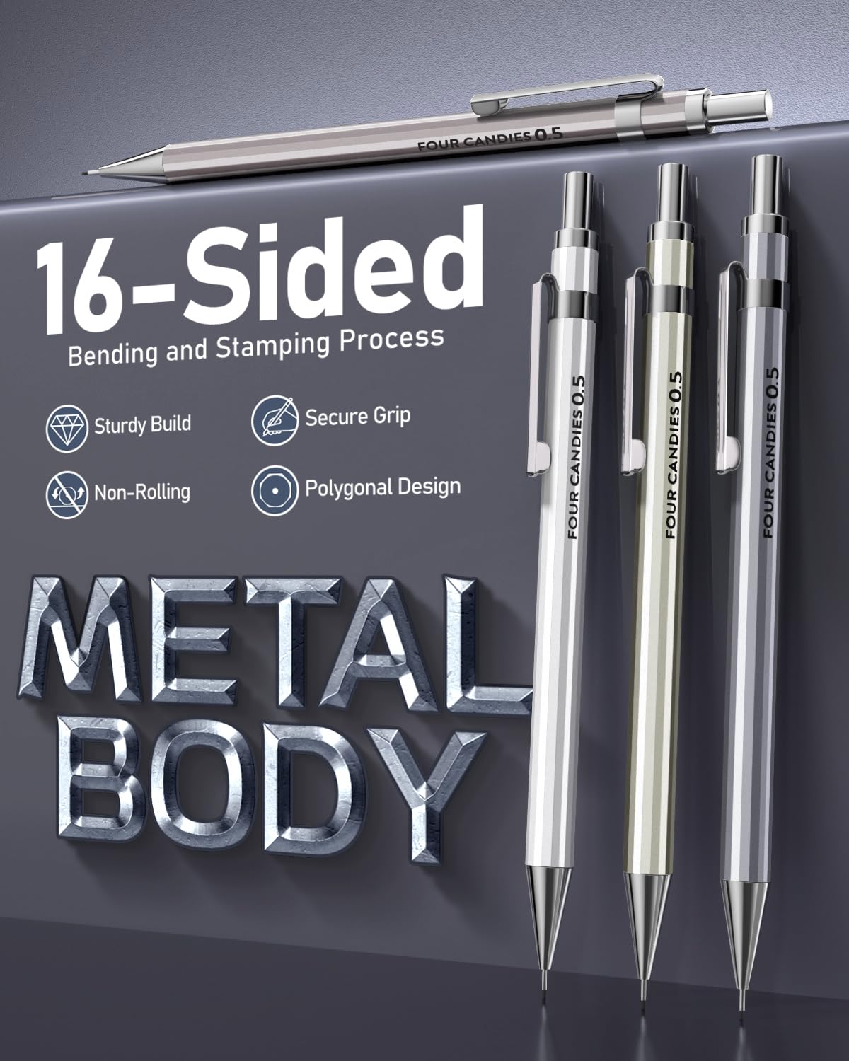 0.5mm Mechanical Pencil Set with Case - 4 Metal Pencils, 8 HB #2 Lead Refills, 3 Erasers & 9 Refills for Writing, Drawing & Sketching | School, Office & Art Supplies | Perfect for Students, Artists & Professionals