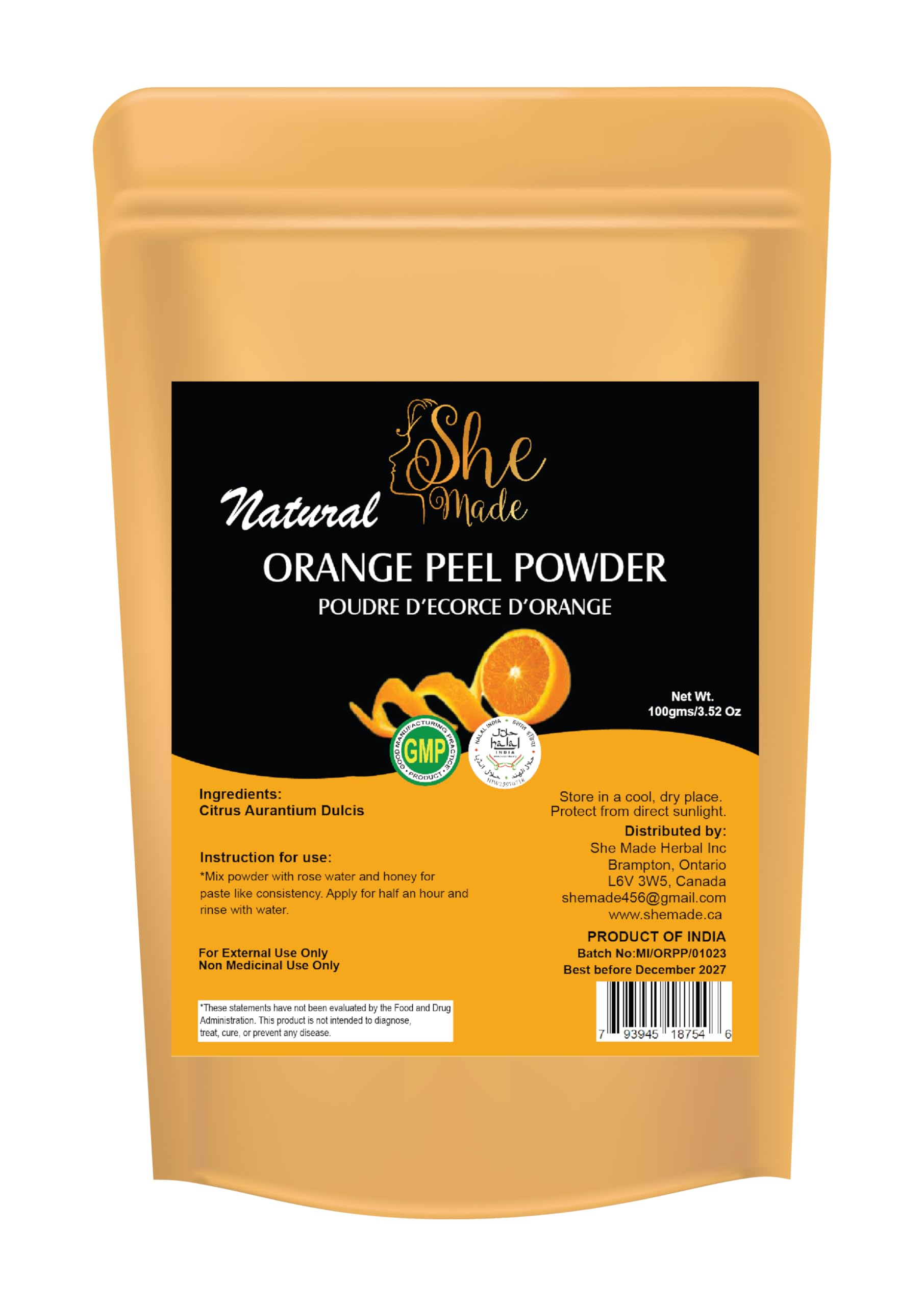 Natural Orange Peel Powder for Face Mask & Skin Care - 100g (3.52 Oz) | Vitamin C Exfoliating Scrub, Brightening Facial Treatment | 100% Pure & Organic | Perfect for DIY Skincare, Acne Treatment & Glowing Complexion
