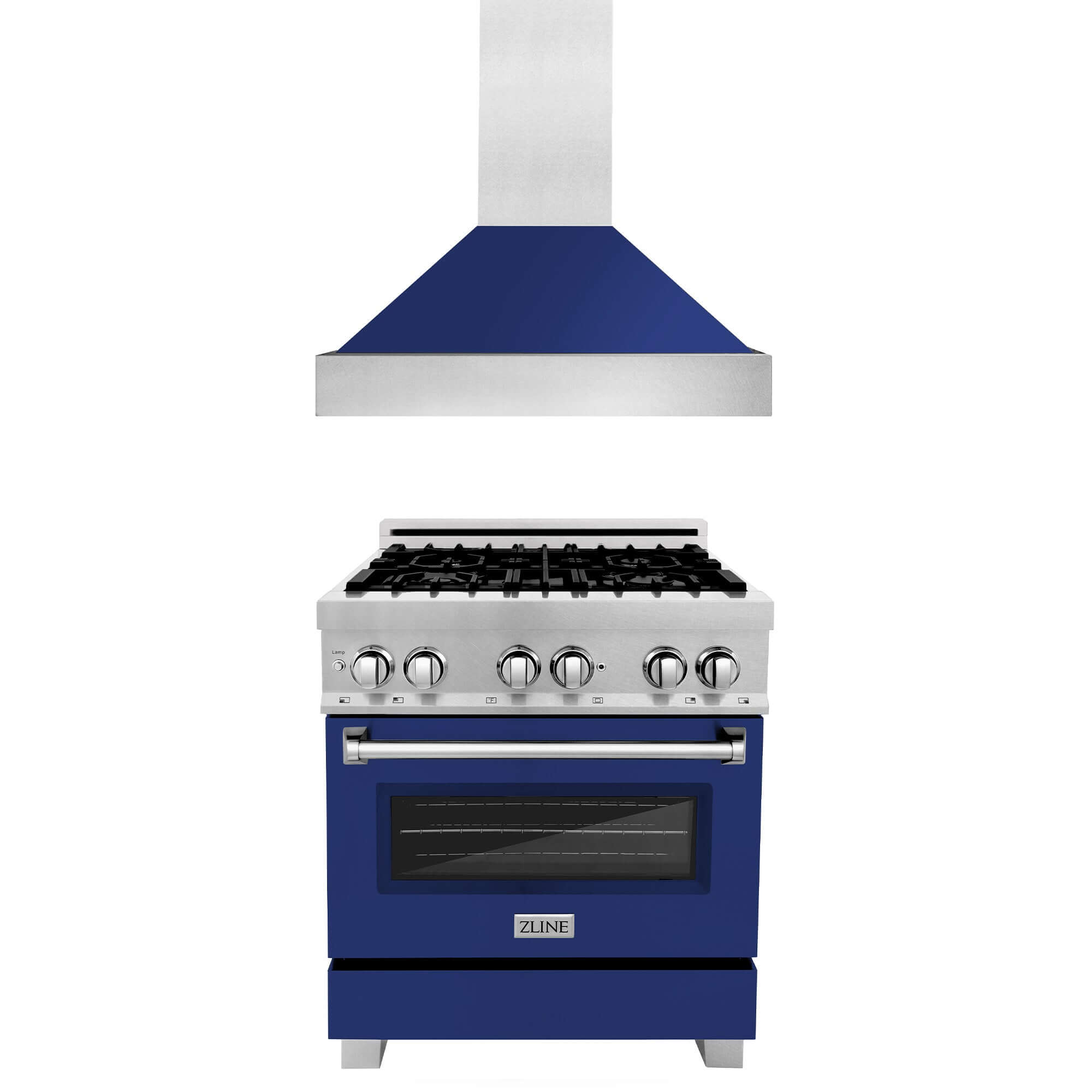 ZLINE 30-inch Stainless Steel Dual Fuel Range with Blue Gloss Door & Convertible Vent Hood - Professional Kitchen Package for Home Chefs | Perfect for Modern Kitchens, Restaurant-Style Cooking & Entertaining