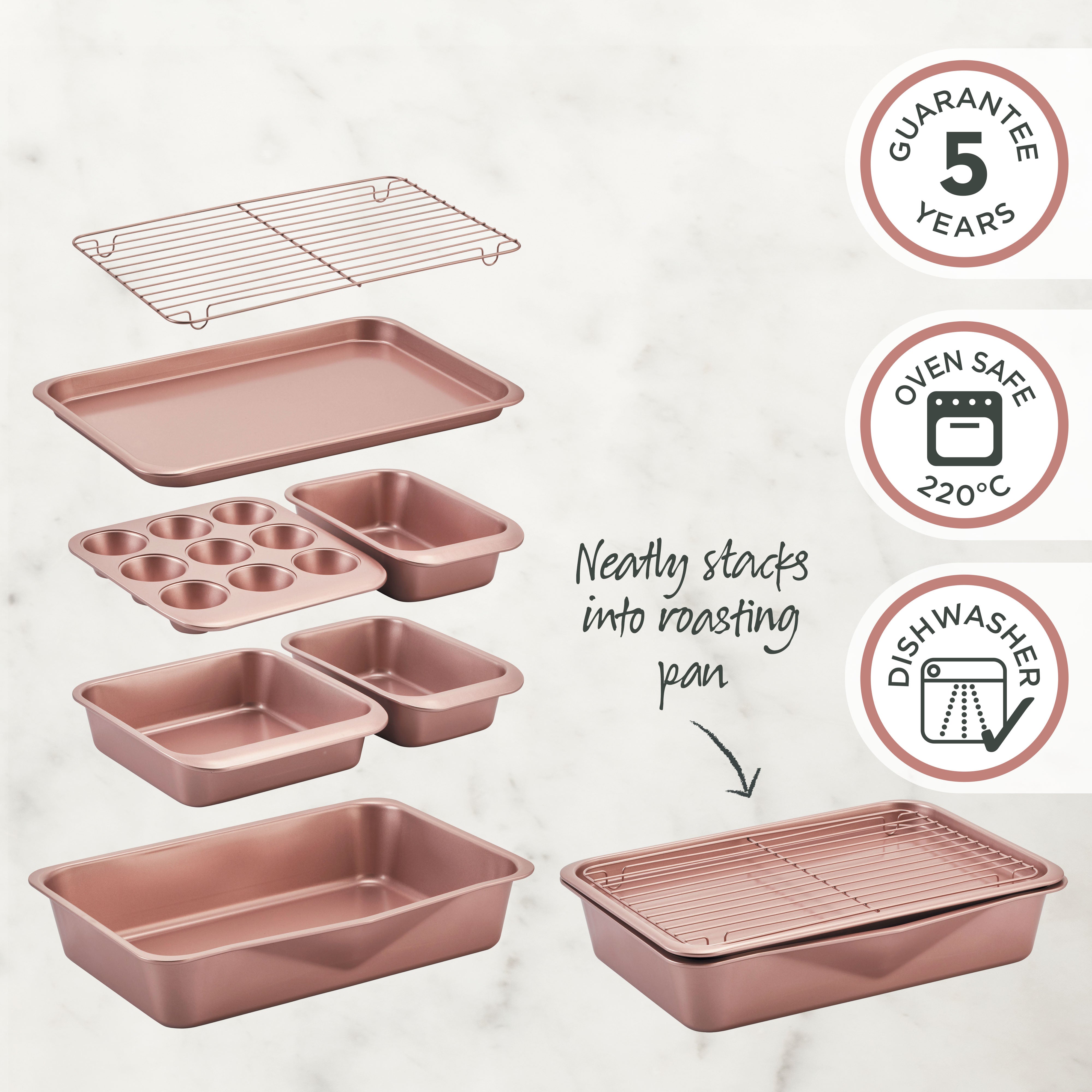 Rose Gold Smart Stack Bakeware 7-Piece Set - Nonstick Oven Safe Baking Pans for Cakes, Cookies & Muffins - Perfect for Home Baking, Parties & Gift Giving