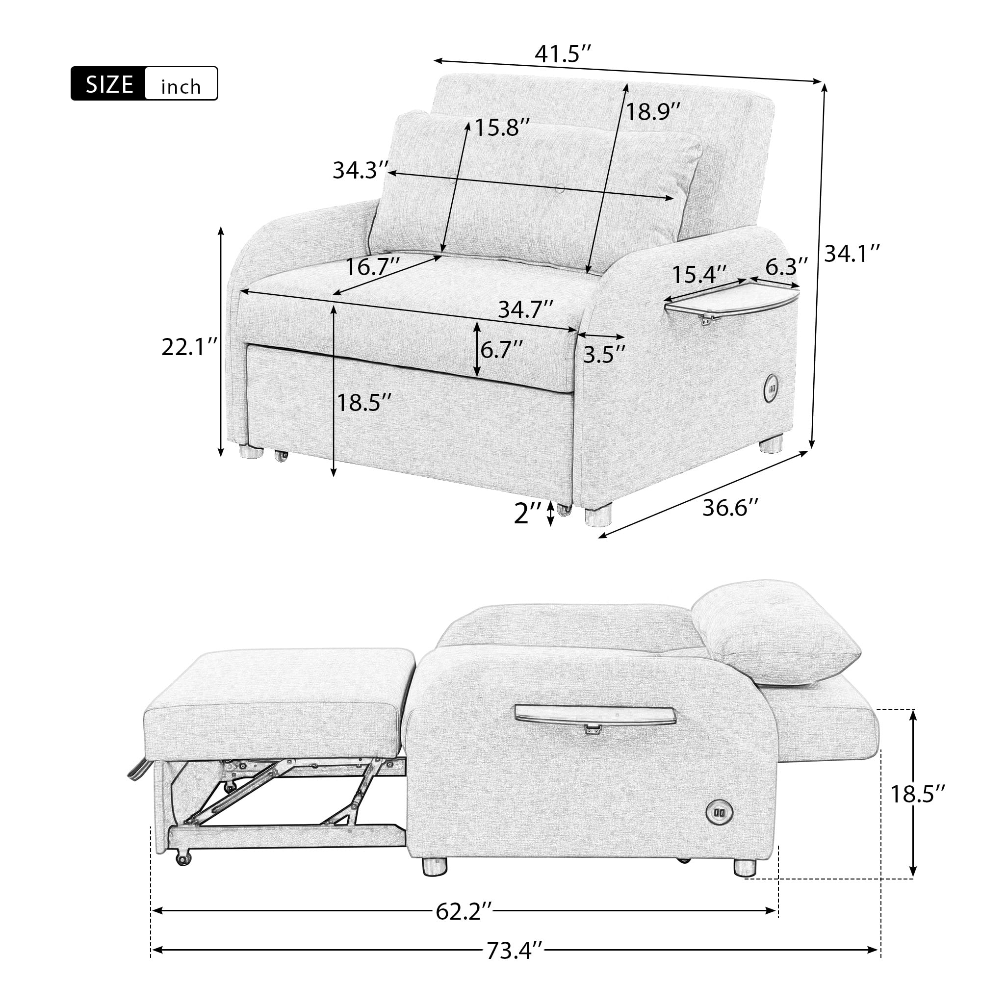 Merax Modern Pull Out Sofa Bed with 2 Wing Tables, Side Pockets & USB Charging Port - 41.5