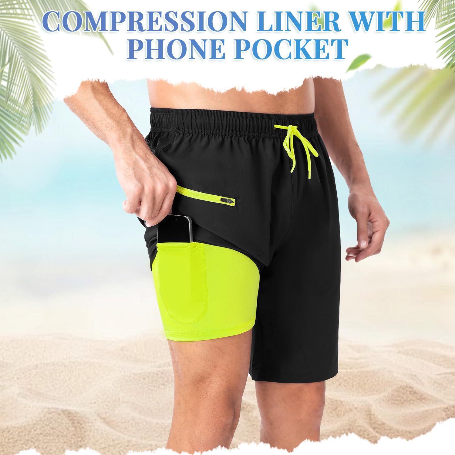 **Men's Quick Dry Swim Trunks with Compression Liner - 2-in-1 Bathing Suits with Zipper Pockets | Perfect for Swimming, Beach & Water Sports**