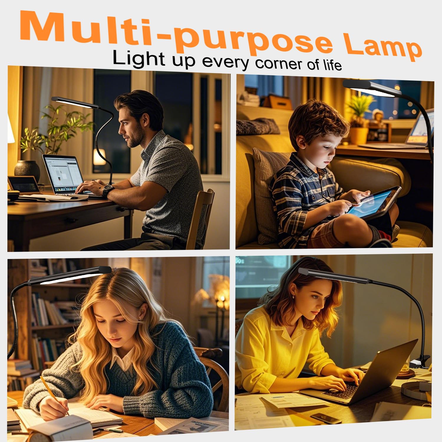 LED Clip On Desk Lamp - 3 Color Modes & 14 Brightness Levels, Dimmable Adjustable Gooseneck Reading Light with Metal Clip, 360° Rotation for Home Office Study | Perfect for Reading, Studying, Working & Nightstand Use (Black)