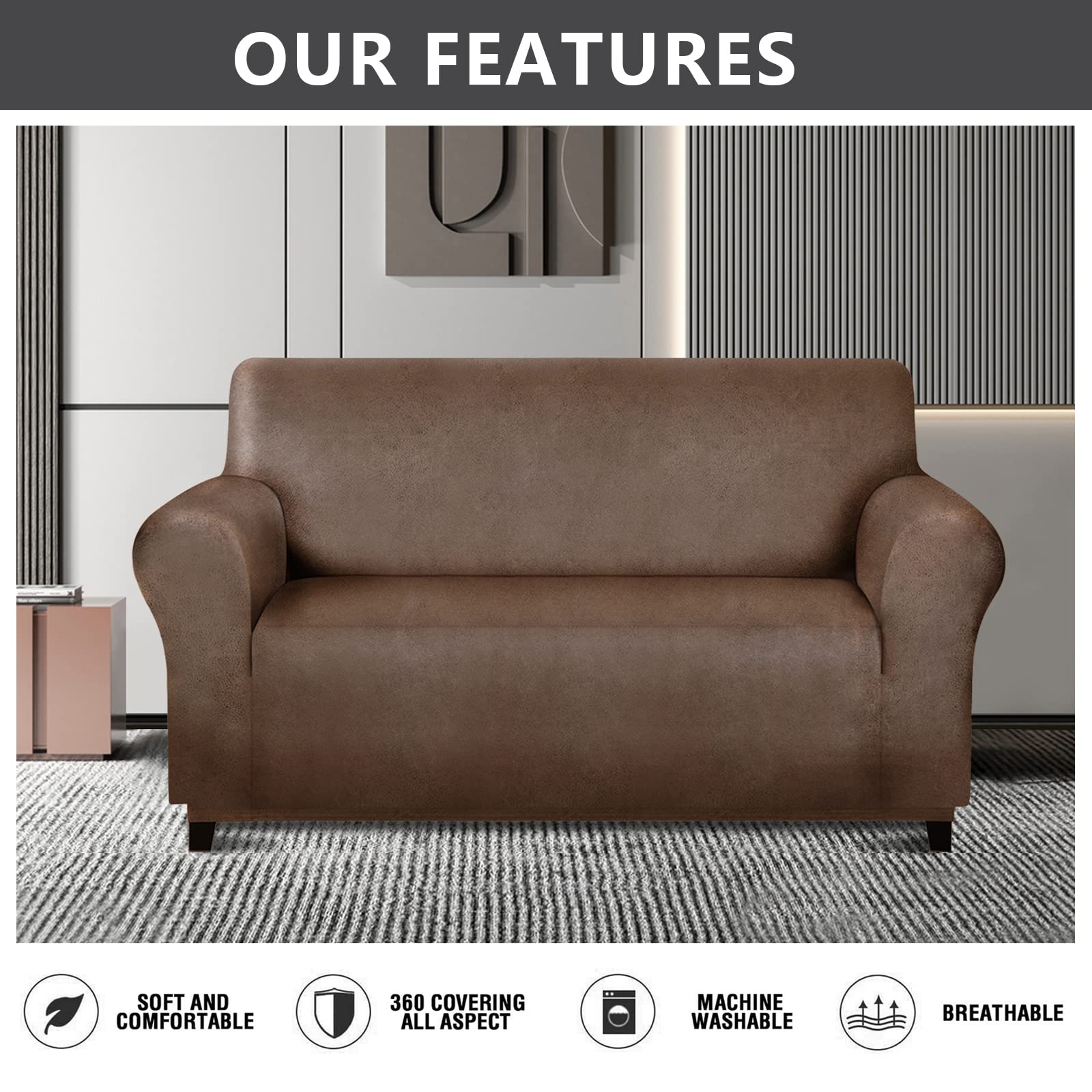 Premium Loveseat Covers for Leather Couches - Soft, Washable & Non-Slip Sofa Protector with Leather-Like Feel | Anti-Pilling 1-Piece Couch Cover for Pets & Kids | Dark Brown | Perfect for Living Room, Family Room & Home Theater Seating Protection