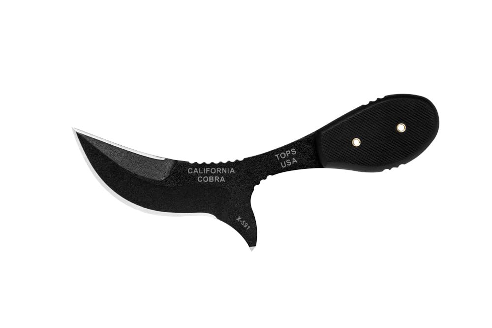 Tops Knives California Cobra Full Tang Fixed Blade - Black Traction Coating, Black Kydex Sheath with Multi-Position Spring Steel Clip - Hunting, Camping, Survival, Outdoor Activities
