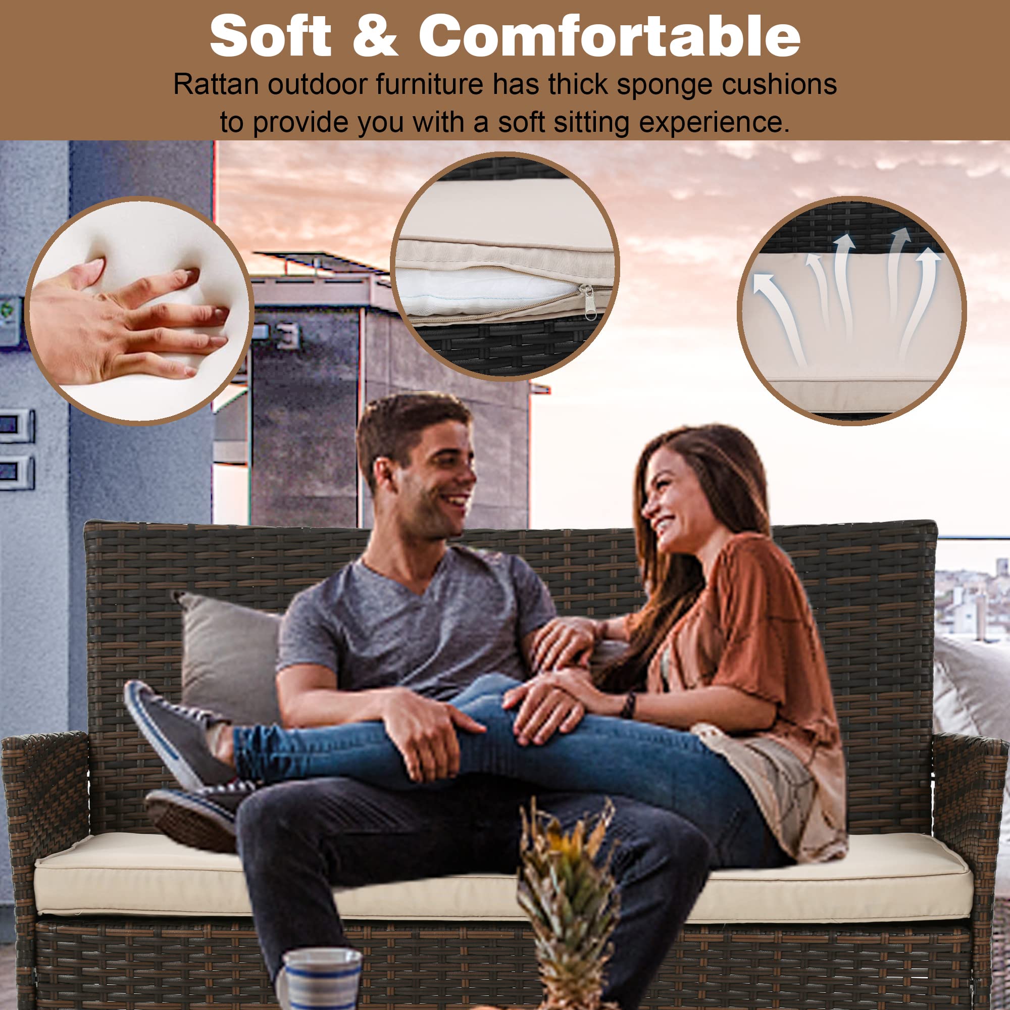 BestOffice 4-Piece Rattan Patio Furniture Set - Indoor/Outdoor Wicker Loveseat with Table & Beige Cushions - Perfect for Backyard, Garden, Porch, Balcony or Lawn Conversation Area (Brown)