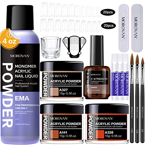 Morovan Professional Acrylic Nail Kit - 3 Color Monomer Liquid & Powder Set for Nail Extensions | Includes Nail Brush, Cleaner, Primer, Glue & Forms | Perfect for DIY Beginners & Salon Use | At-Home Manicures, Nail Art & Professional Applications