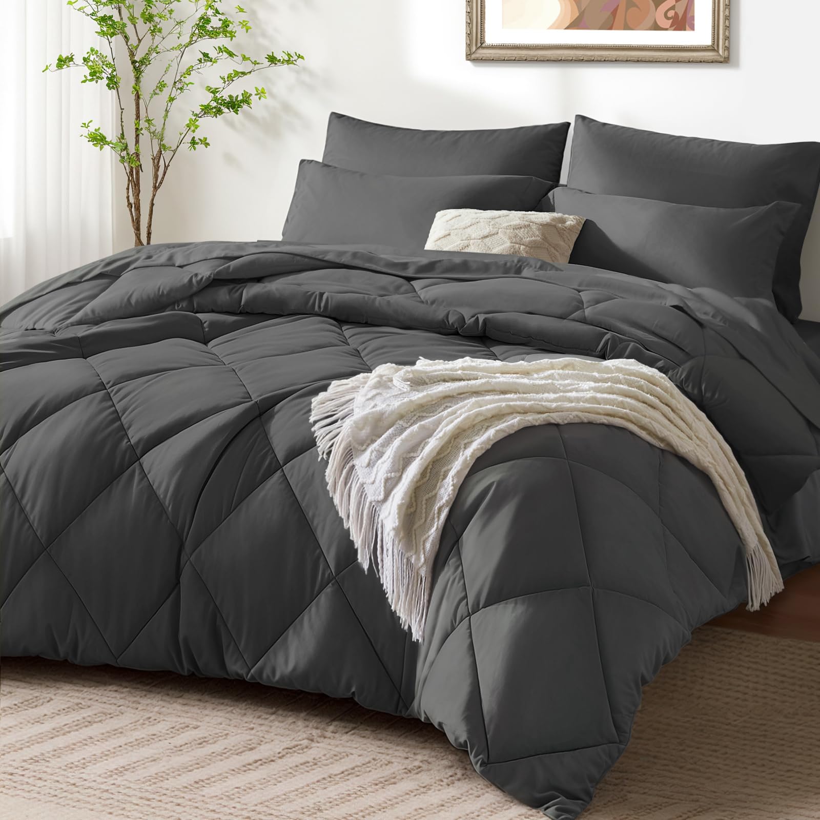 SunStyle Home Full/Queen 7-Piece All Season Comforter Set - Includes Comforter, Sheets, Pillow Shams & Pillowcases (Dark Grey) | Soft Bedding for Cozy Nights & Guest Room Decor