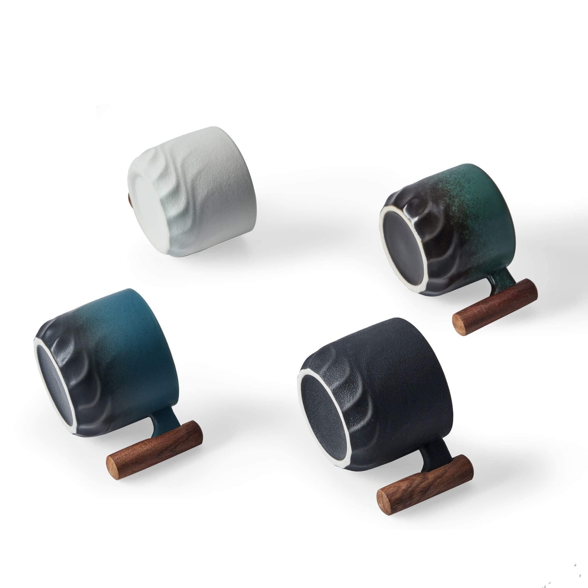 Premium Ceramic Espresso Cups with Wooden Handle - 3oz Small Coffee Cups for Espresso, Tea or Cappuccino - Set of 2 Porcelain Demitasse Cups (Black) - Perfect for Home, Cafe or Office Use